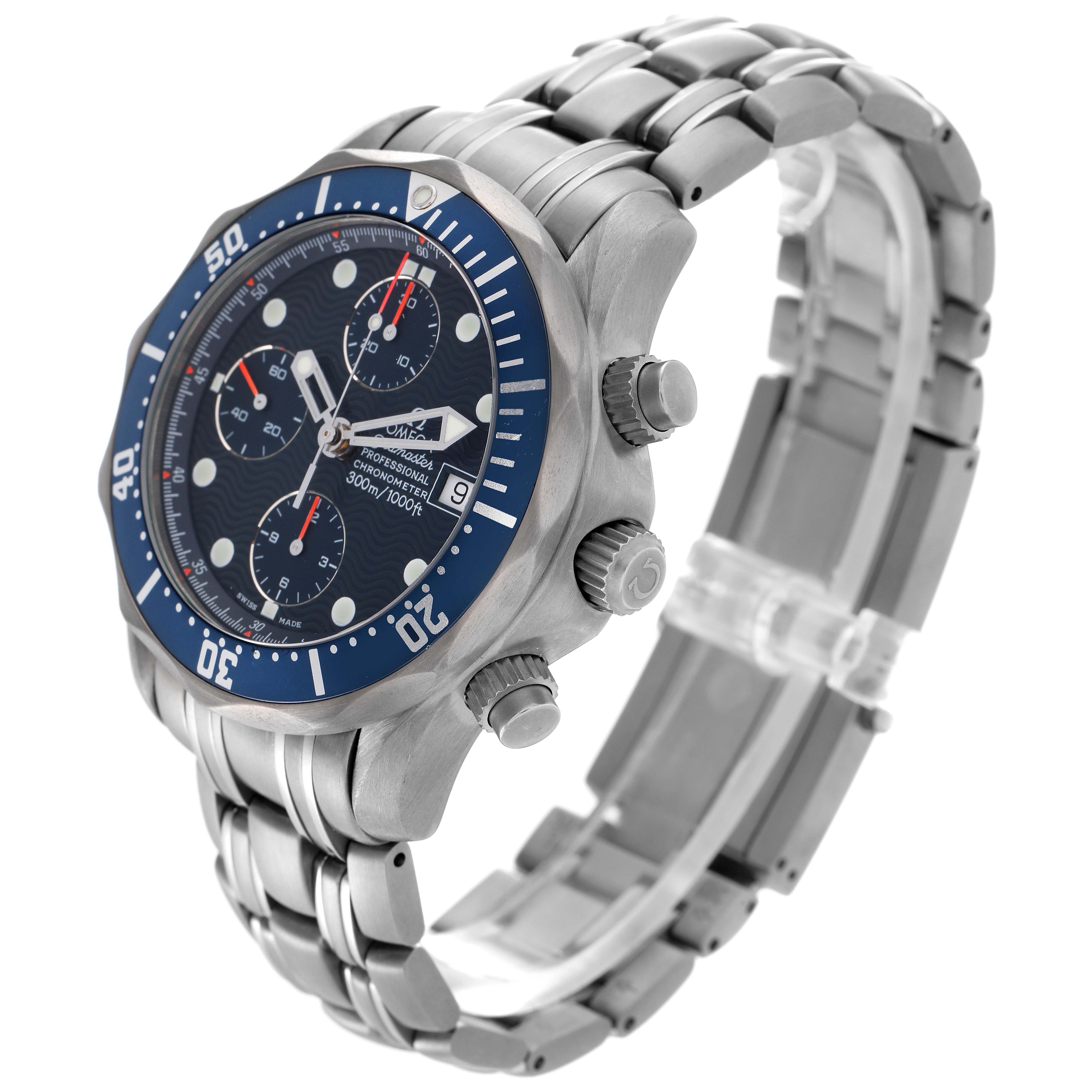 The Omega Seamaster 2298.80.00 Men's Titanium Blue Dial 2298.80.00 Men's Titanium Blue Dial watch is shown at a three-quarter angle, highlighting the face, bezel, crown, pushers, and bracelet.