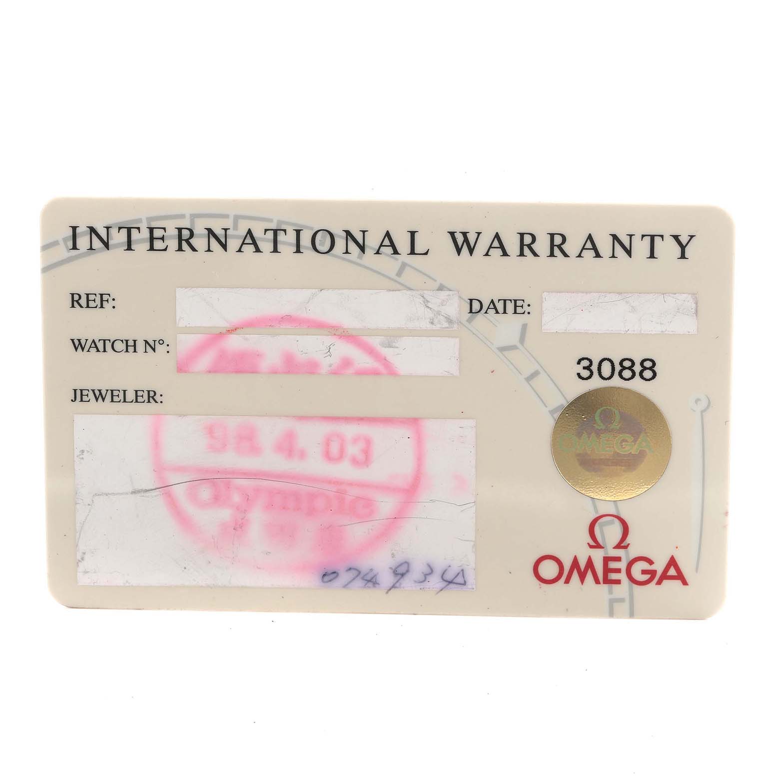 The image shows an Omega Seamaster 2298.80.00 Men's Titanium Blue Dial 2298.80.00 Men's Titanium Blue Dial international warranty card featuring details like the reference number and jeweler information.