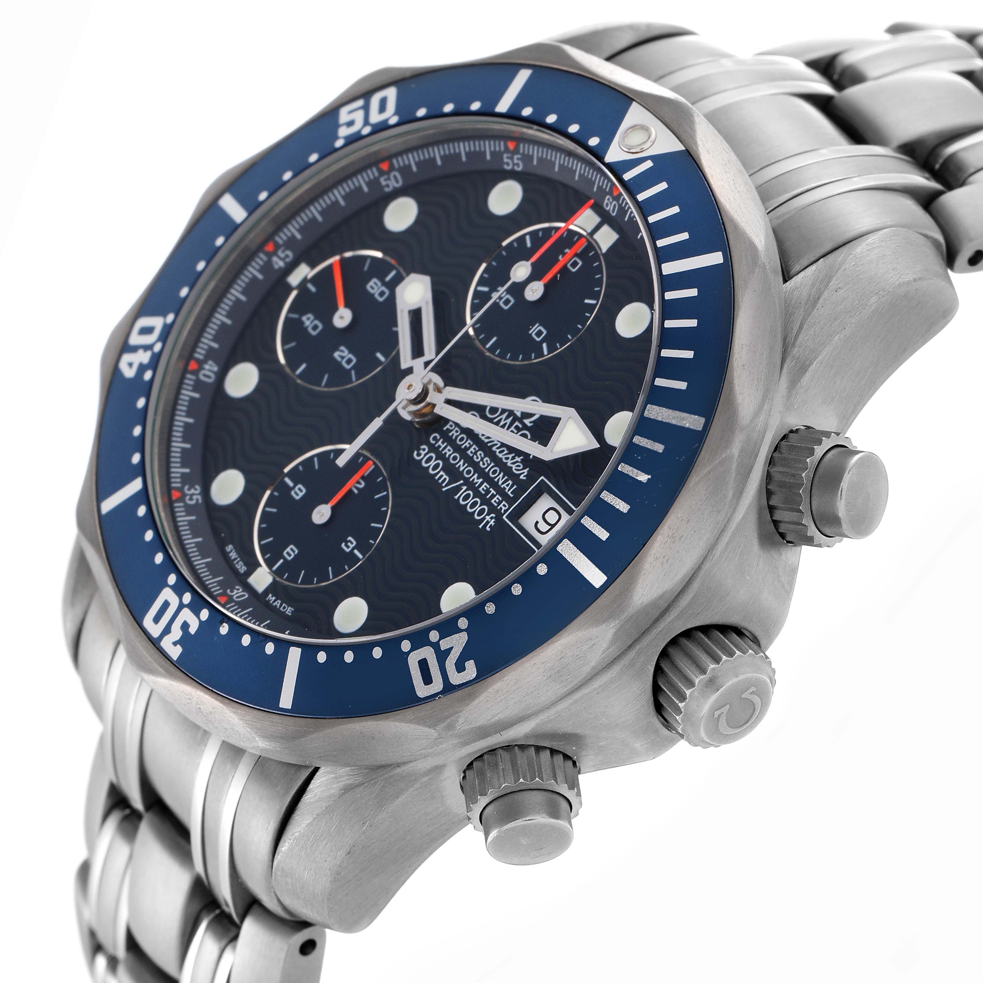 The Omega Seamaster 2298.80.00 Men's Titanium Blue Dial 2298.80.00 Men's Titanium Blue Dial watch is shown at an angle highlighting the face, bezel, crown, pushers, and part of the bracelet.