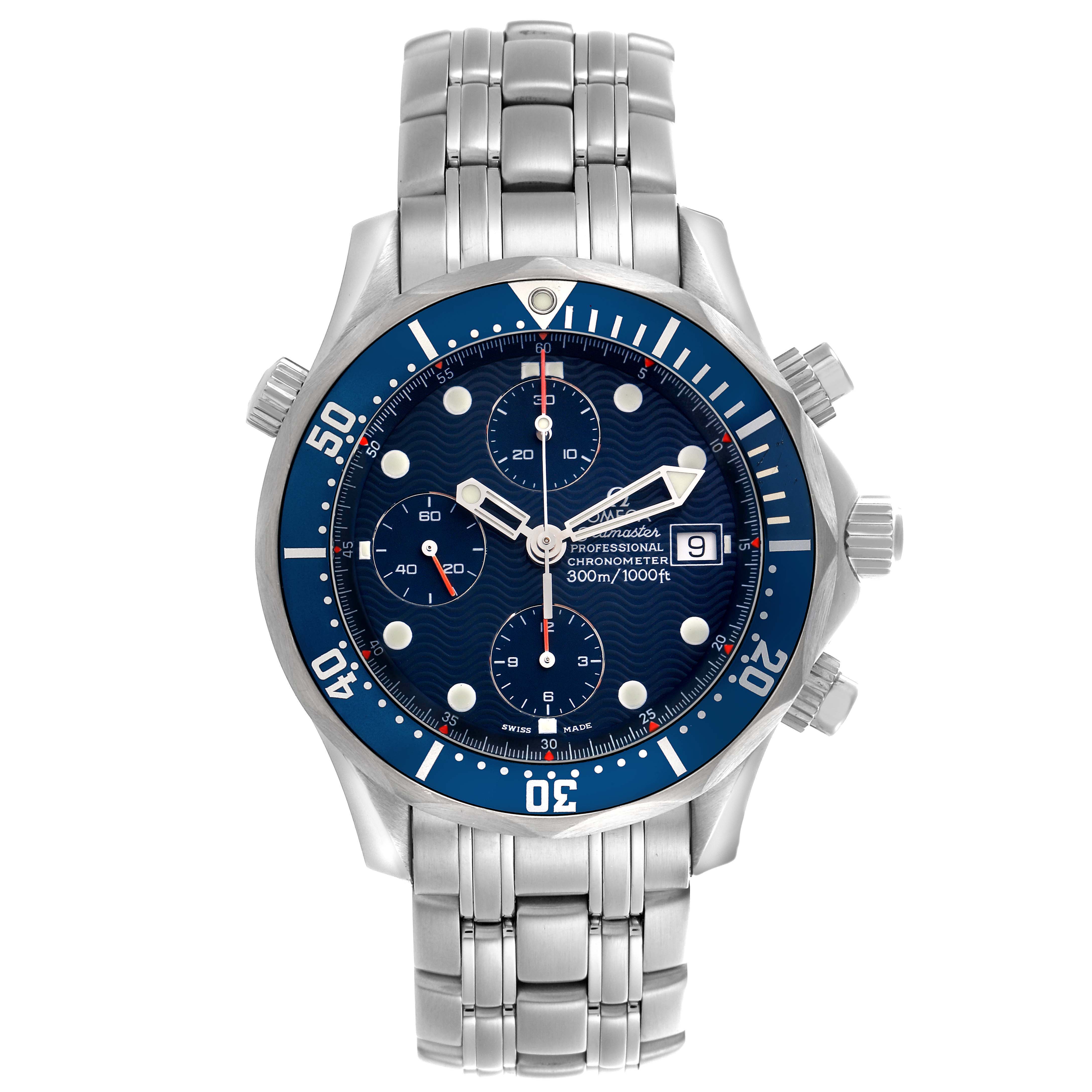 The Omega Seamaster 2298.80.00 Men's Titanium Blue Dial 2298.80.00 Men's Titanium Blue Dial watch is shown from the front, displaying the bezel, dial, subdials, and bracelet links.