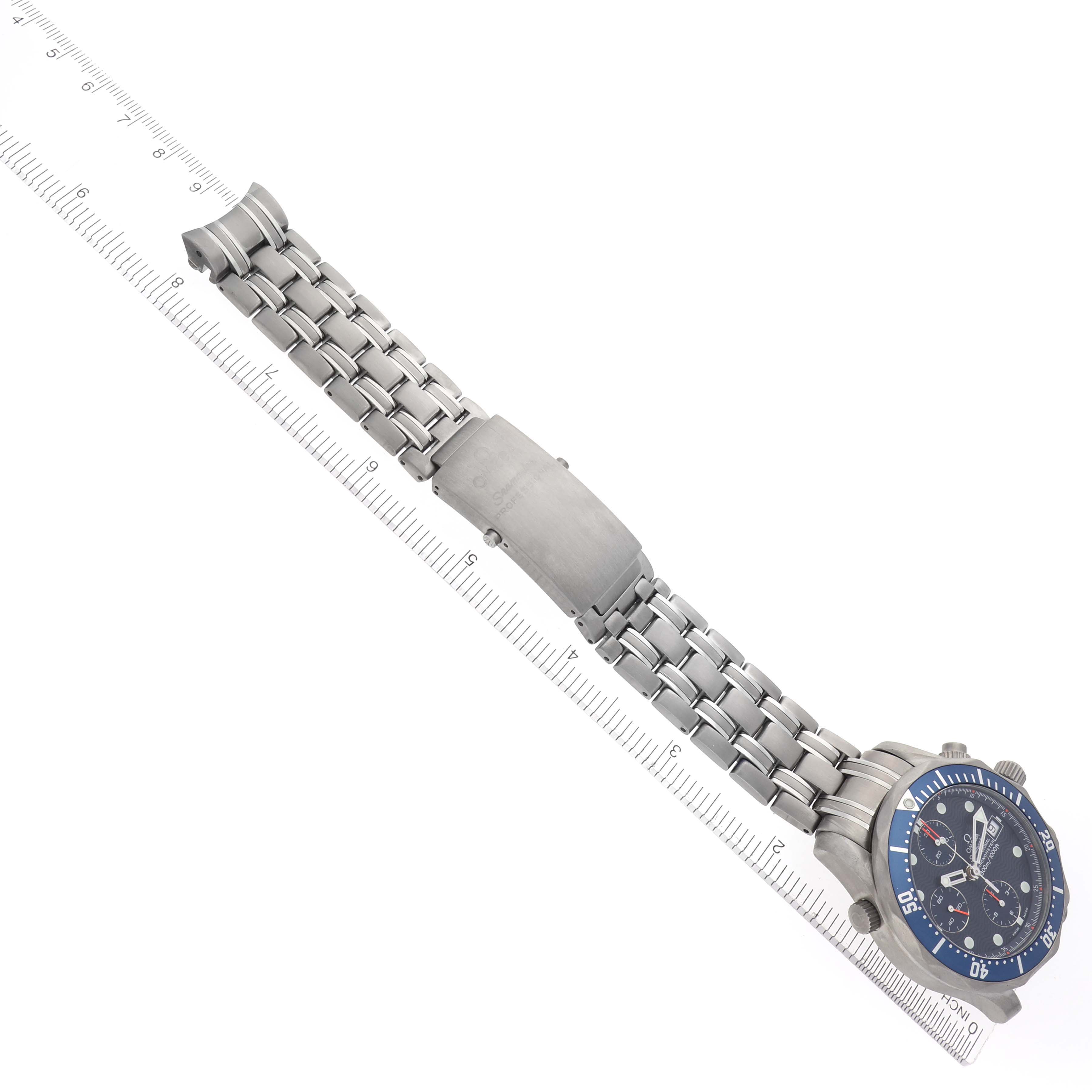 The Omega Seamaster 2298.80.00 Men's Titanium Blue Dial 2298.80.00 Men's Titanium Blue Dial watch is shown at a diagonal angle, highlighting the face, bracelet, and clasp.