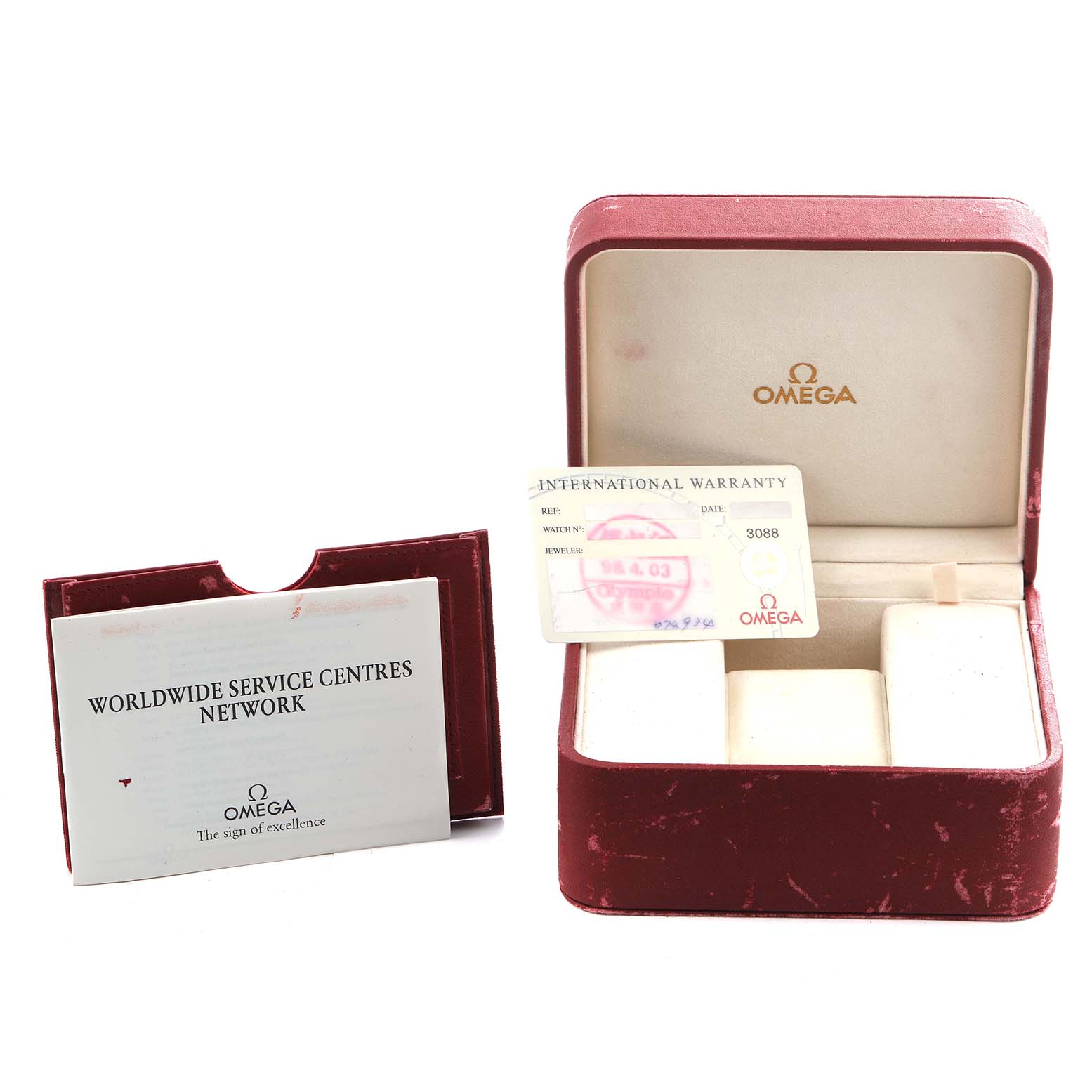 The image shows an Omega Seamaster 2298.80.00 Men's Titanium Blue Dial 2298.80.00 Men's Titanium Blue Dial box, an international warranty card, and a Worldwide Service Centres Network booklet.