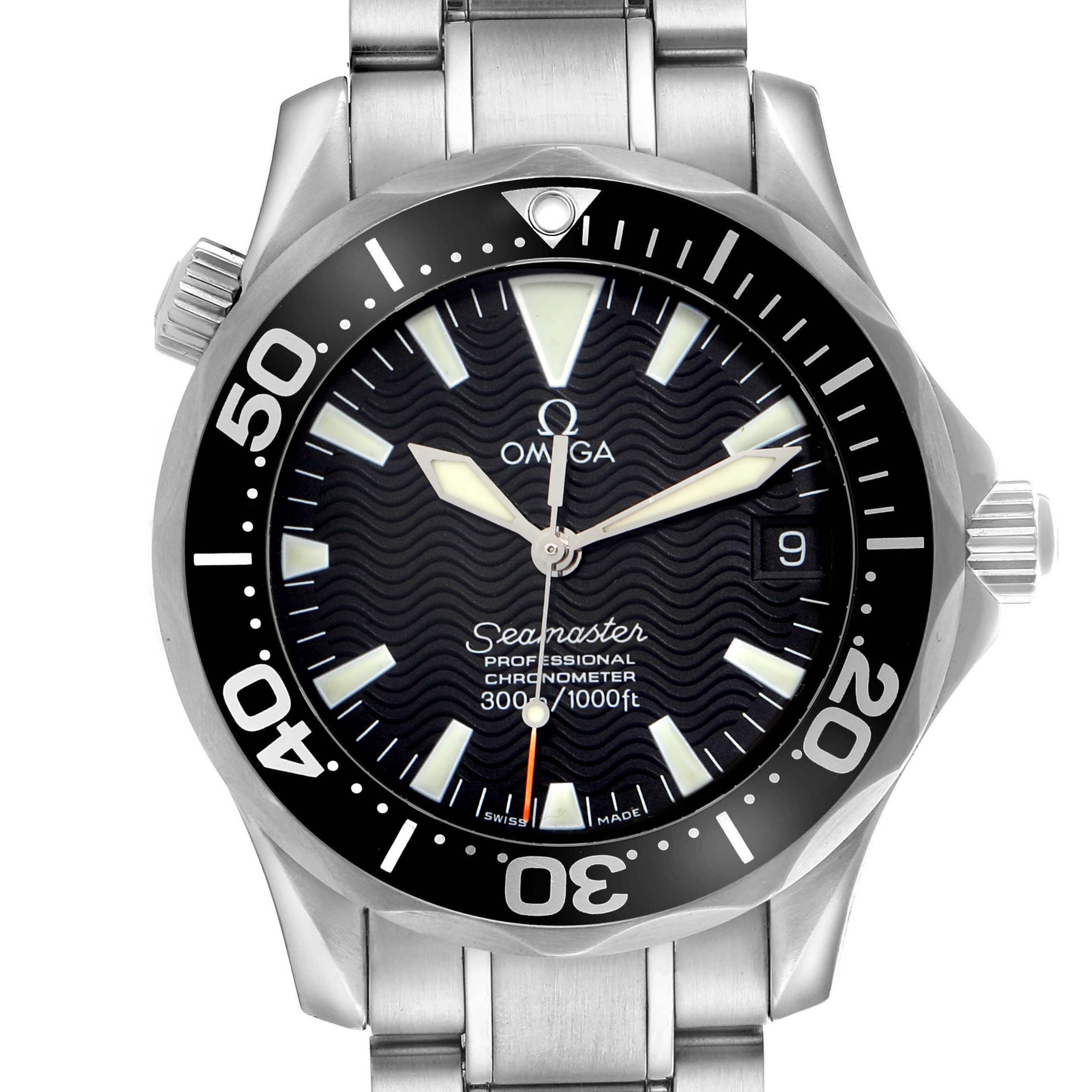 The image shows a front view of the Omega Seamaster 2252.50.00 Men's Stainless Steel Black Dial 2252.50.00 Men's Stainless Steel Black Dial watch, displaying the dial, bezel, and part of the bracelet.