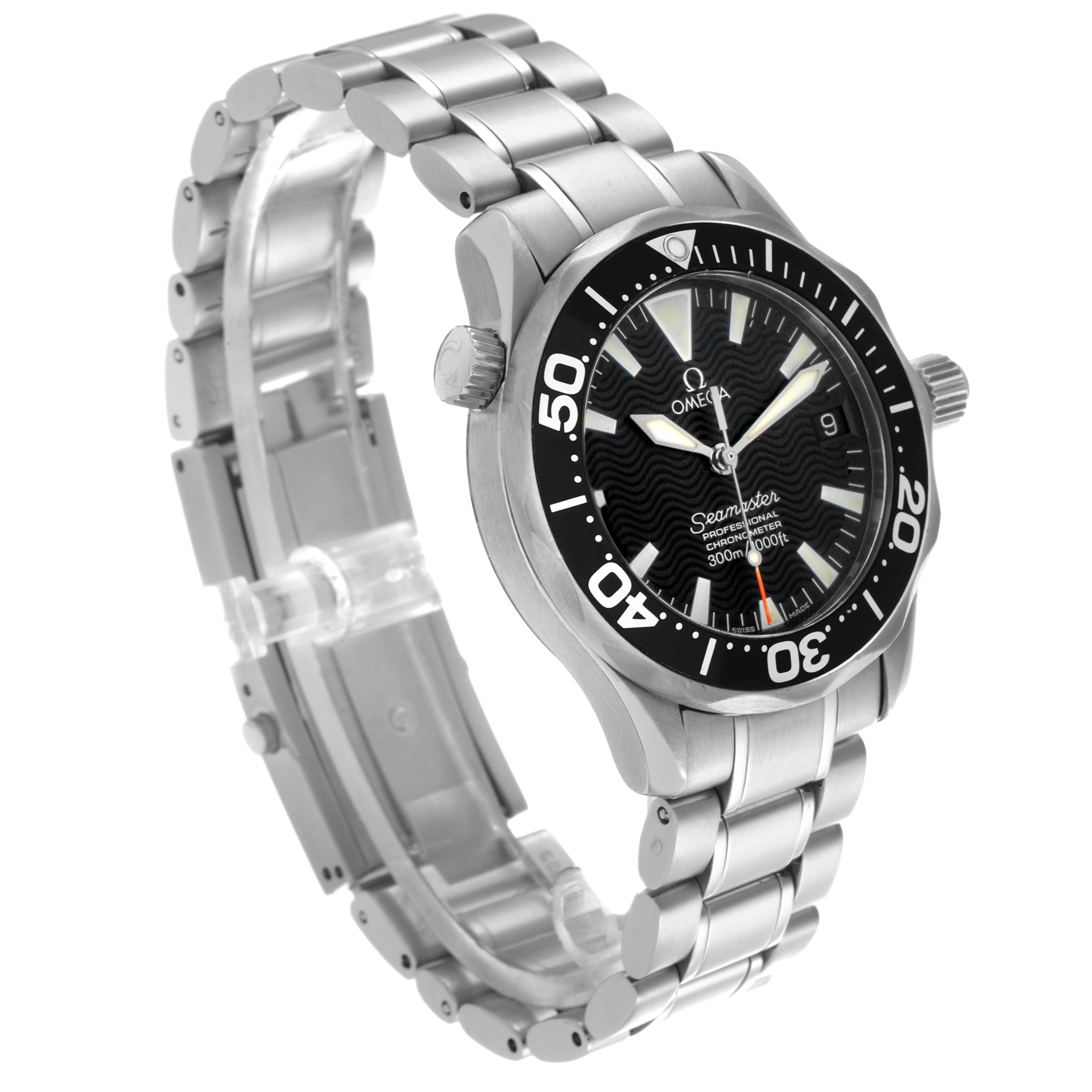 The Omega Seamaster 2252.50.00 Men's Stainless Steel Black Dial 2252.50.00 Men's Stainless Steel Black Dial watch is shown at a three-quarter angle, displaying the face, bezel, crown, and bracelet.
