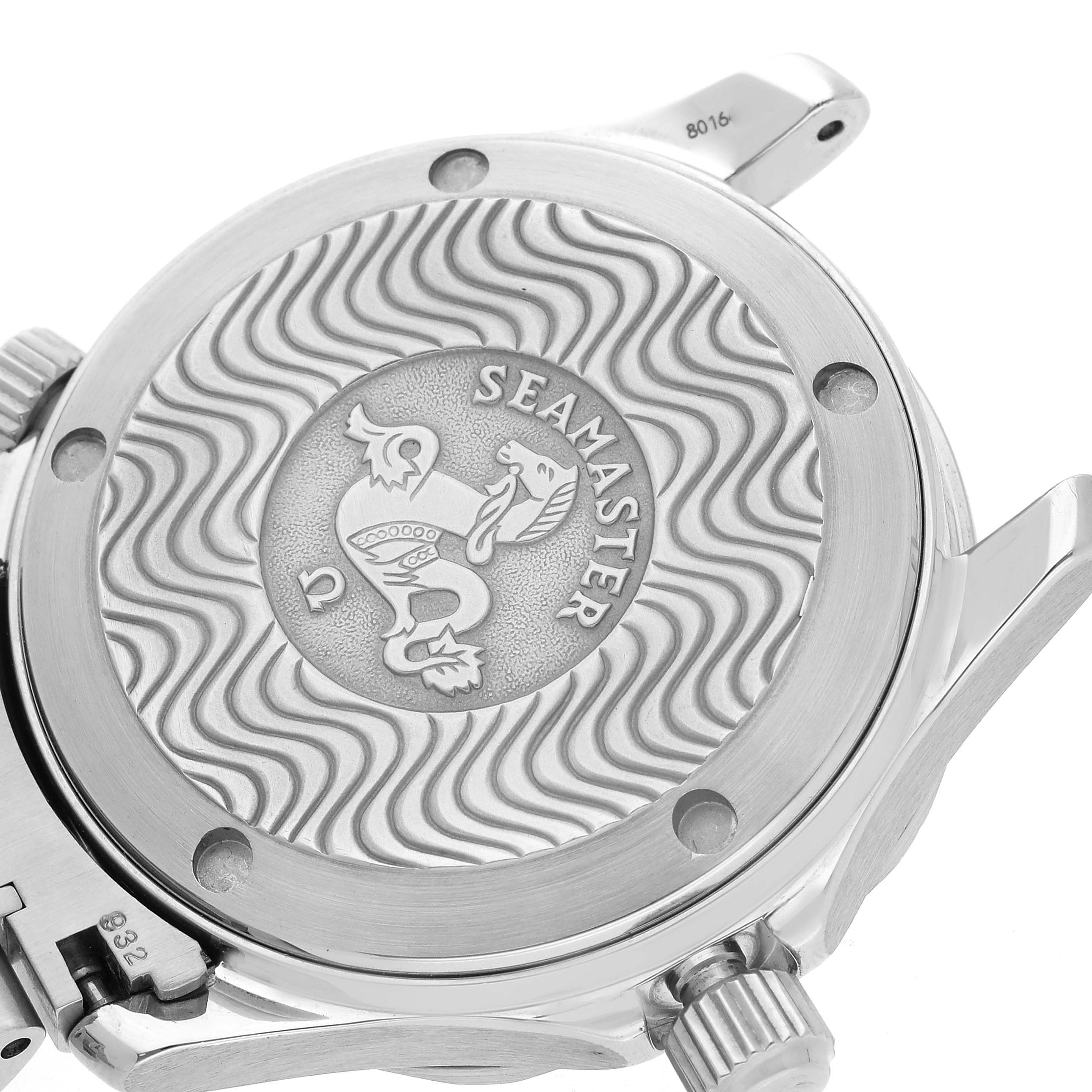 The Omega Seamaster 2252.50.00 Men's Stainless Steel Black Dial 2252.50.00 Men's Stainless Steel Black Dial watch is shown from the back, highlighting its engraved case back design and crown.