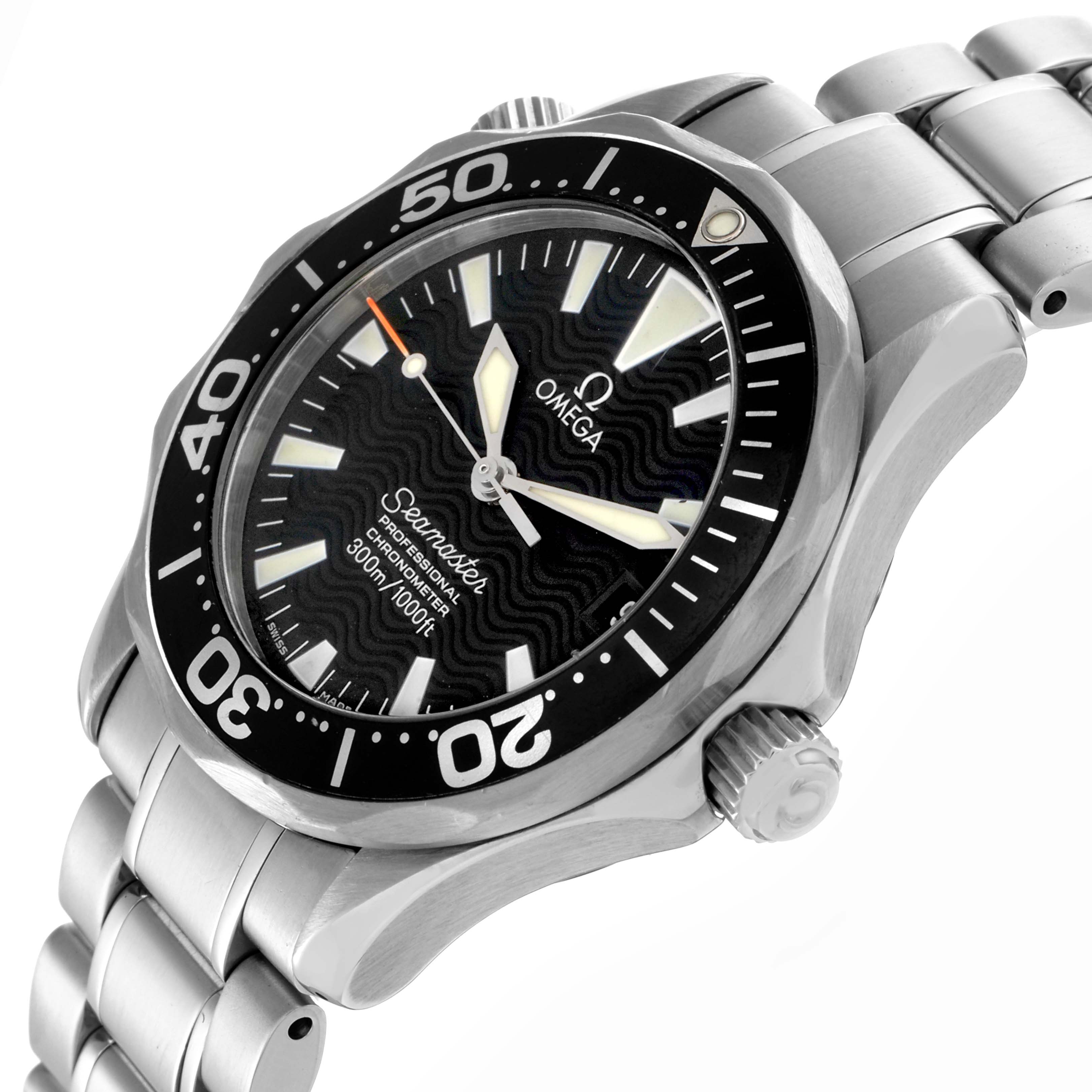 The Omega Seamaster 2252.50.00 Men's Stainless Steel Black Dial 2252.50.00 Men's Stainless Steel Black Dial watch is shown at a slightly tilted angle, with the dial, bezel, crown, and part of the bracelet visible.