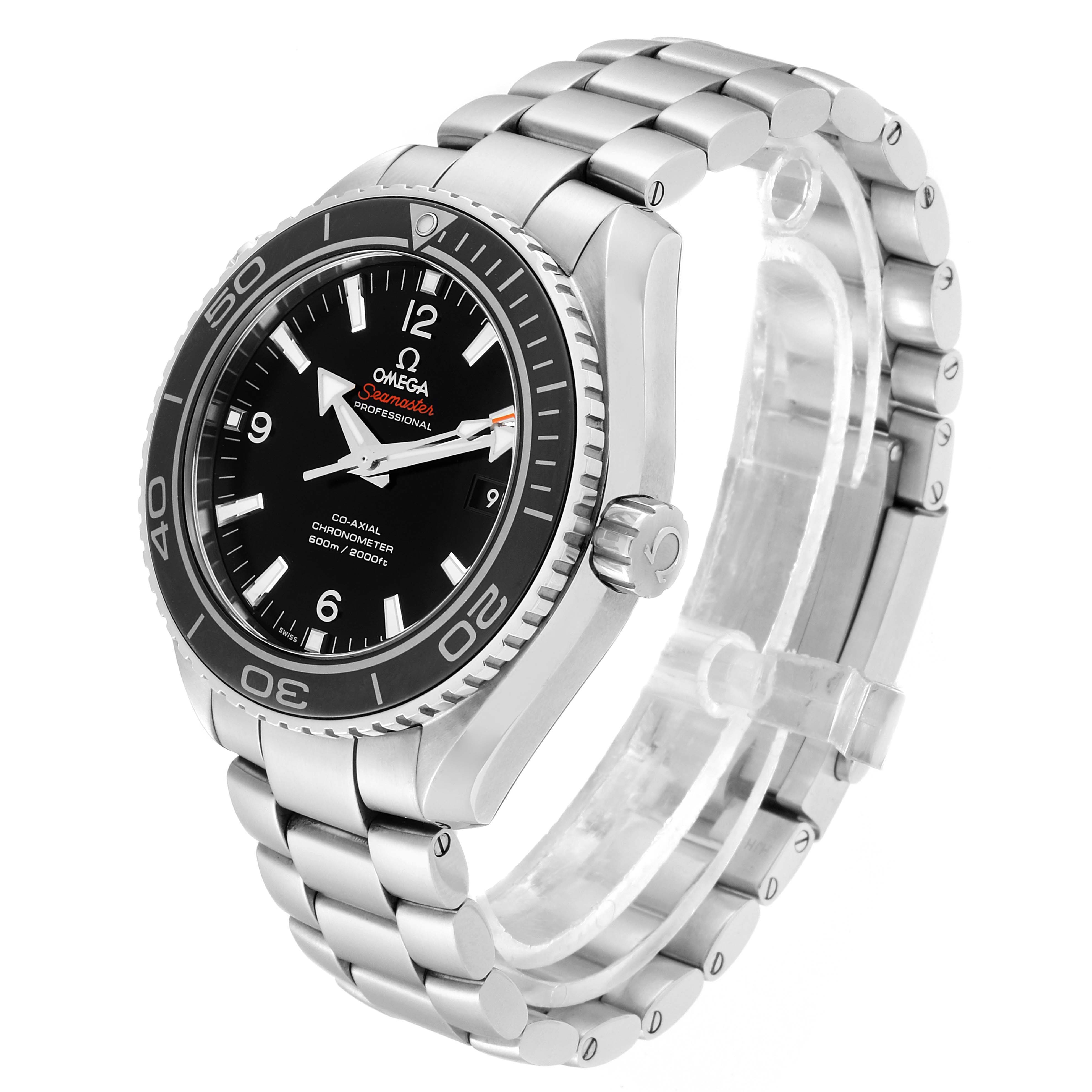 The image shows an Omega Seamaster 232.30.46.21.01.001 Men
s Stainless Steel Black Dial 232.30.46.21.01.001 Men
s Stainless Steel Black Dial watch from a three-quarter angle, highlighting the face, bezel, and metal bracelet.