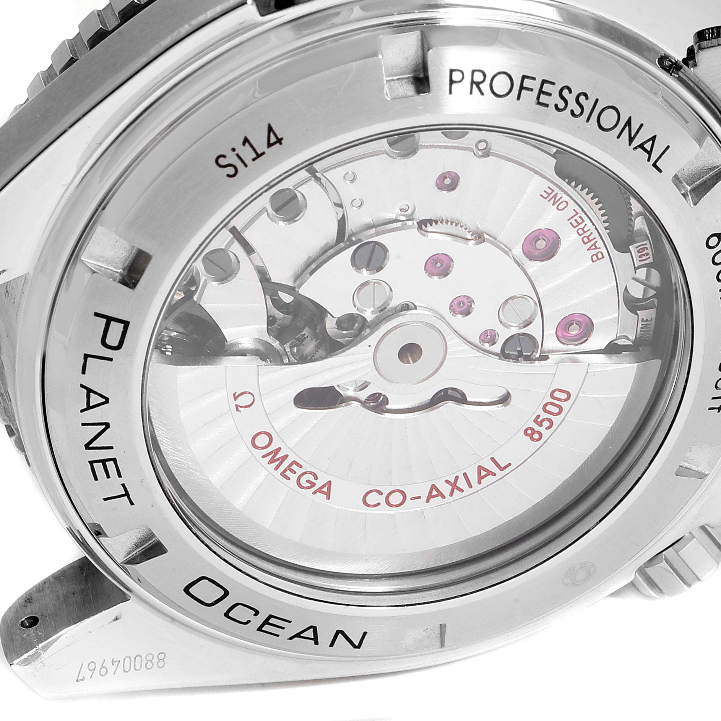 The image shows the back case of the Omega Seamaster 232.30.46.21.01.001 Men
s Stainless Steel Black Dial 232.30.46.21.01.001 Men
s Stainless Steel Black Dial Planet Ocean Professional watch, revealing its movement.