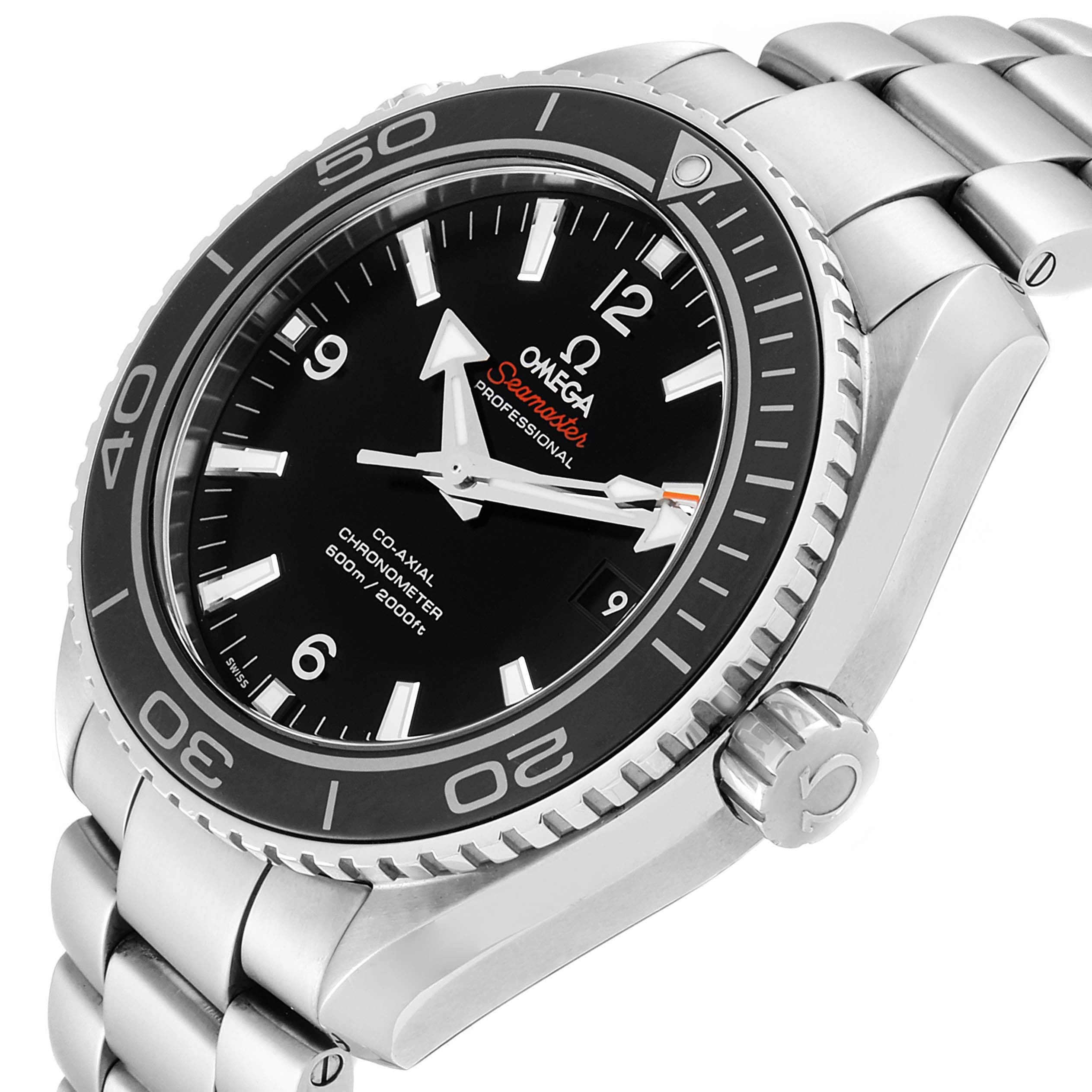 The image shows an angled view of an Omega Seamaster 232.30.46.21.01.001 Men
s Stainless Steel Black Dial 232.30.46.21.01.001 Men
s Stainless Steel Black Dial, highlighting the bezel, dial, crown, and part of the bracelet.
