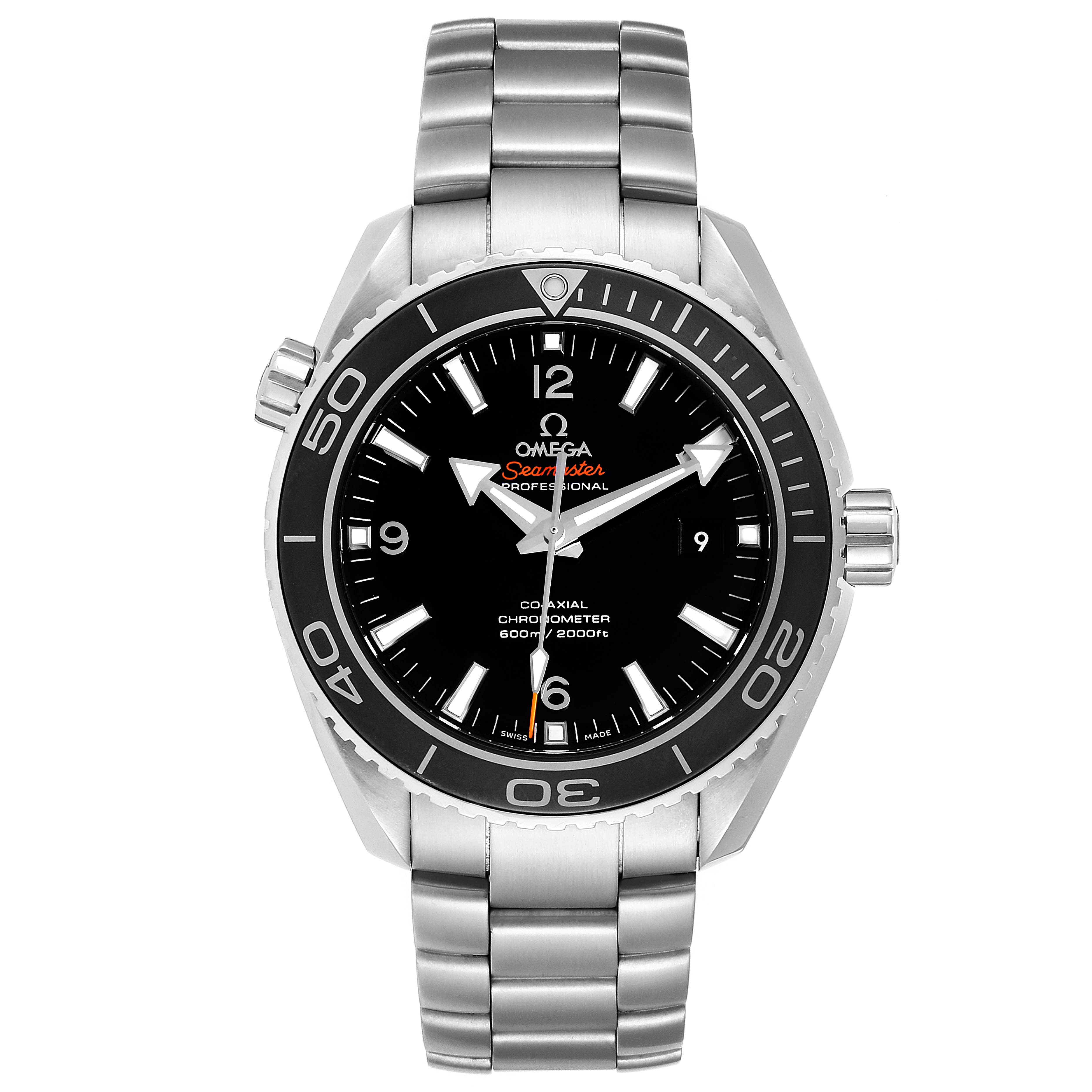 The Omega Seamaster 232.30.46.21.01.001 Men
s Stainless Steel Black Dial 232.30.46.21.01.001 Men
s Stainless Steel Black Dial watch is shown from a top-down angle, displaying the face, bezel, crown, and stainless steel bracelet.
