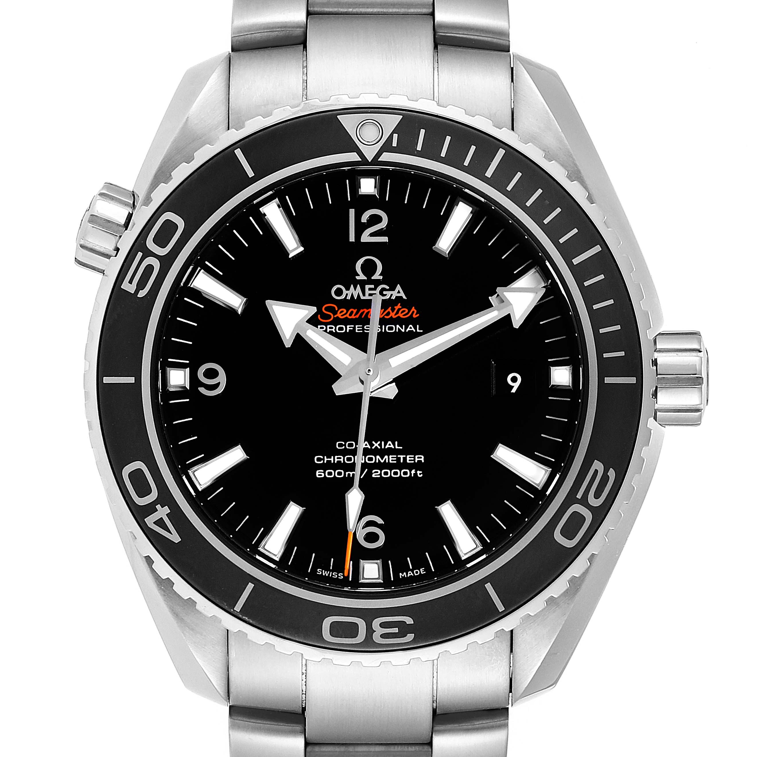The image showcases an Omega Seamaster 232.30.46.21.01.001 Men
s Stainless Steel Black Dial 232.30.46.21.01.001 Men
s Stainless Steel Black Dial watch from the front, highlighting the face, bezel, and part of the bracelet.