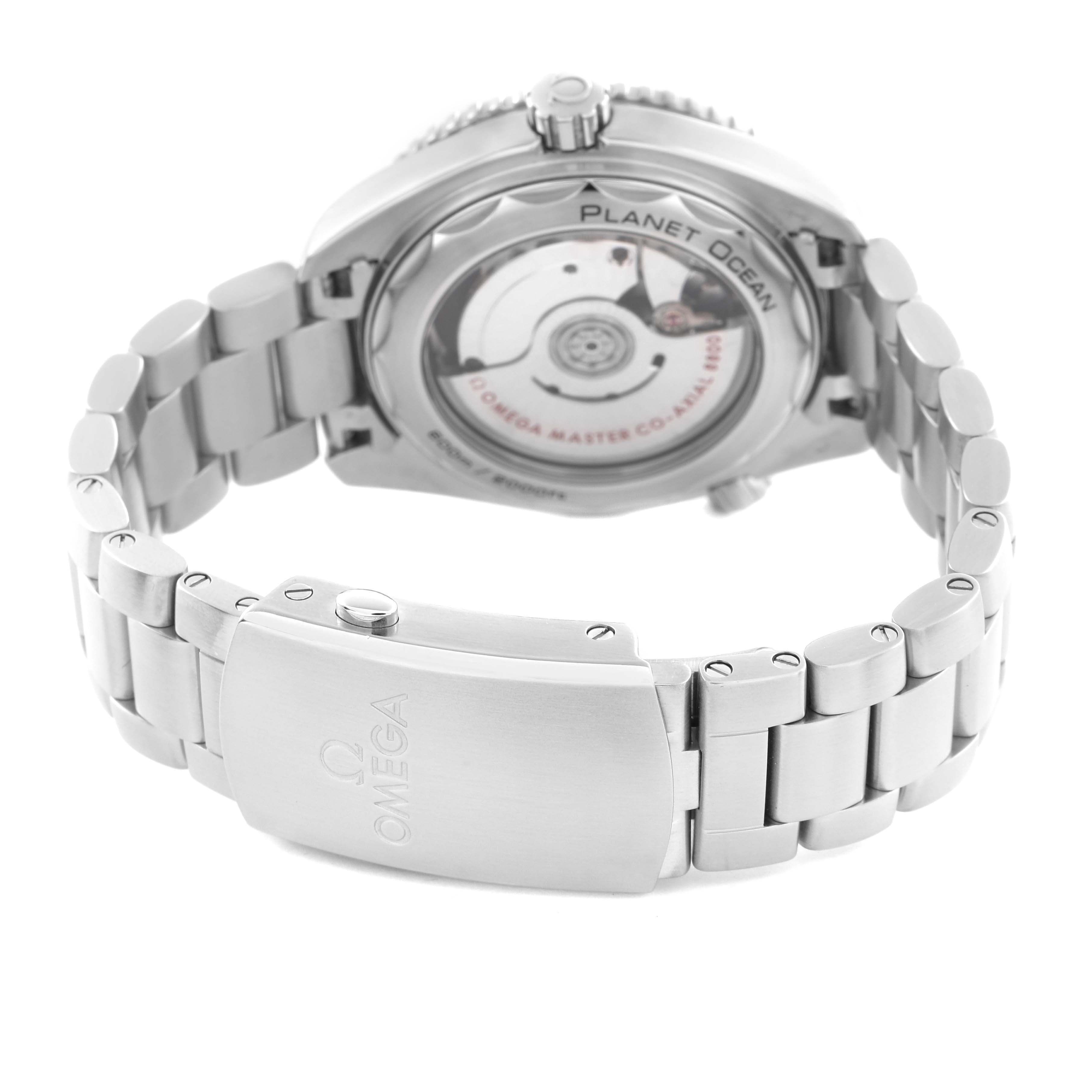 The Omega Planet Ocean 215.30.40.20.04.001 Men's Stainless Steel White Dial 215.30.40.20.04.001 Men's Stainless Steel White Dial watch is shown from the back, displaying the case back, clasp, and bracelet.