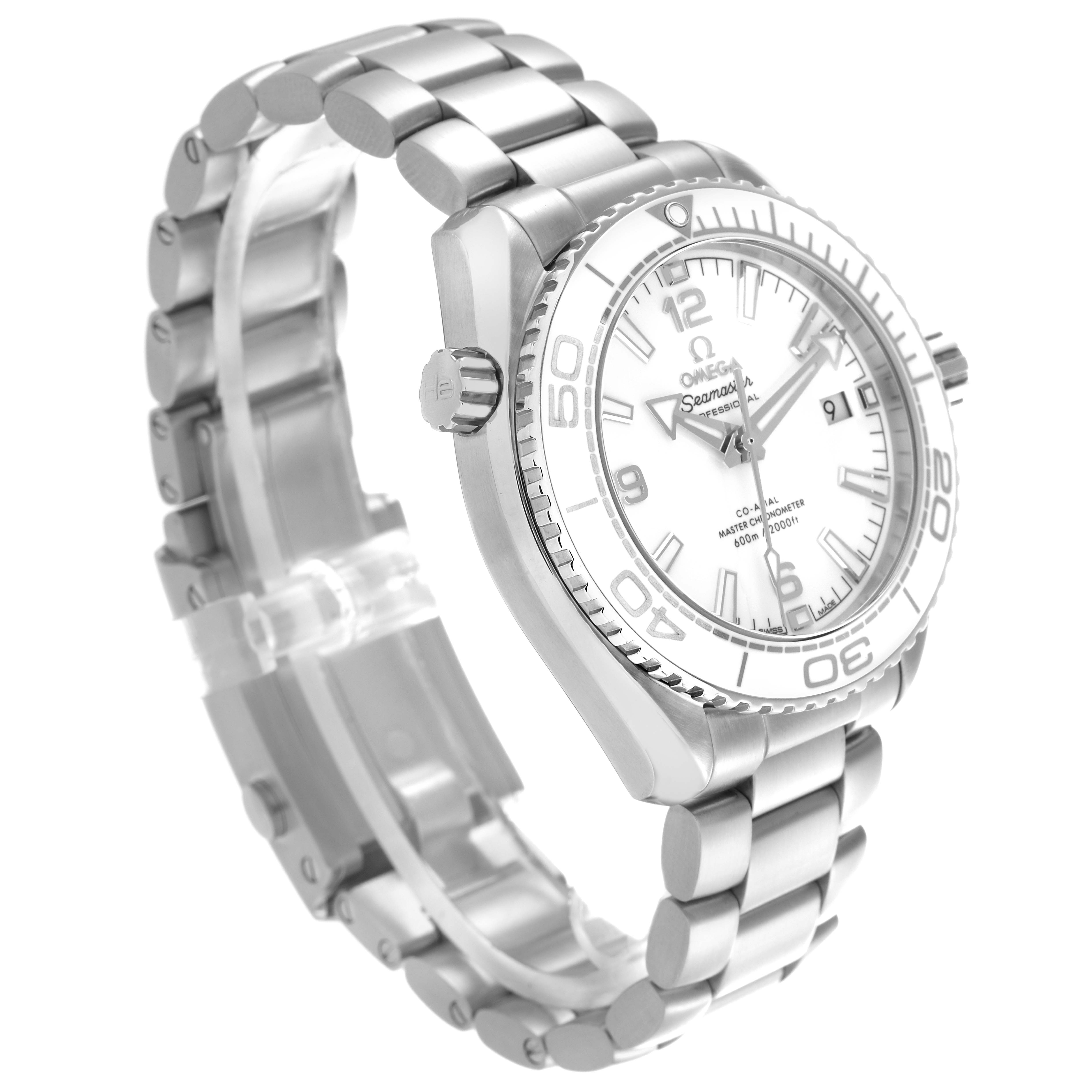 The Omega Planet Ocean 215.30.40.20.04.001 Men's Stainless Steel White Dial 215.30.40.20.04.001 Men's Stainless Steel White Dial watch is shown at a three-quarter angle displaying the face, bezel, and bracelet.