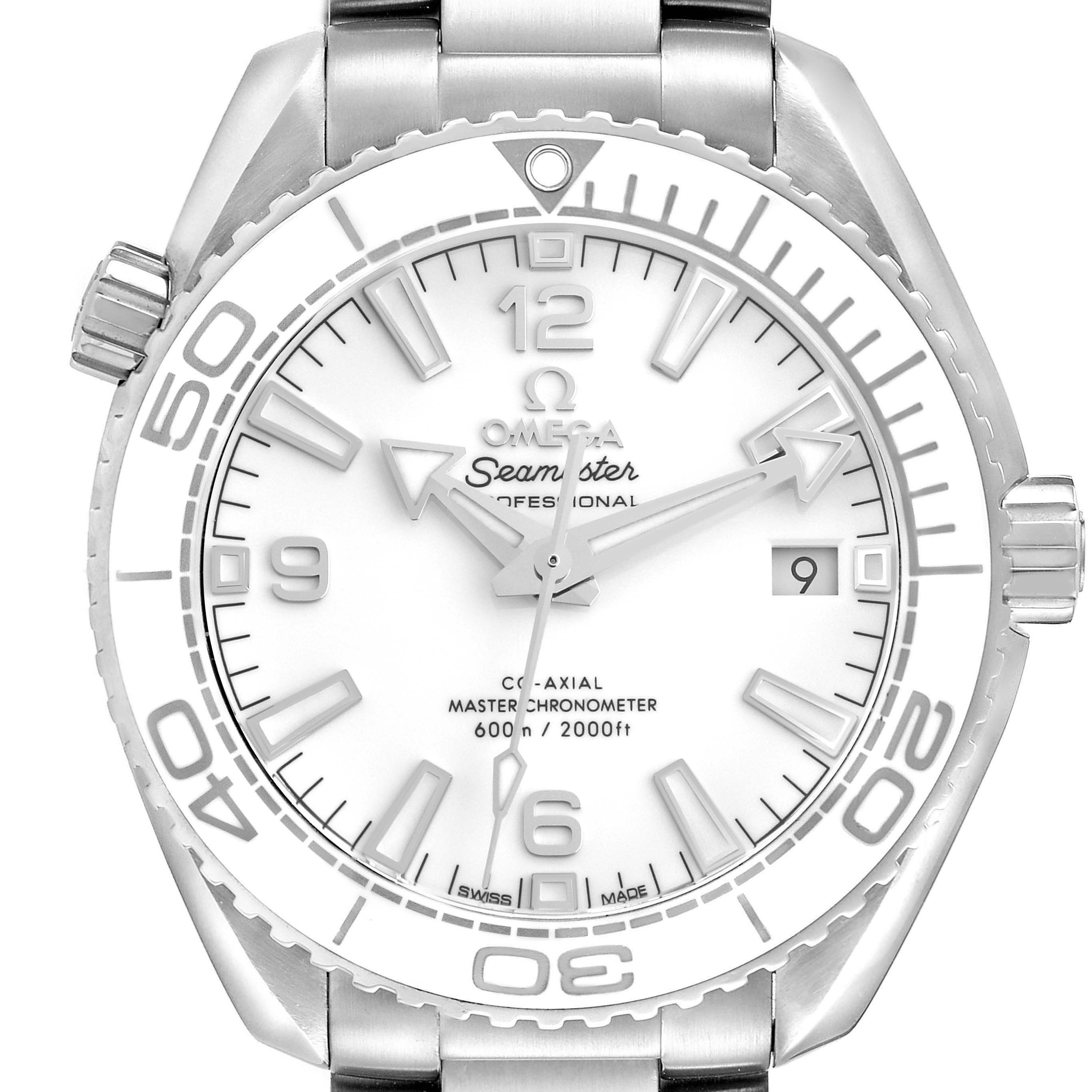 The Omega Planet Ocean 215.30.40.20.04.001 Men's Stainless Steel White Dial 215.30.40.20.04.001 Men's Stainless Steel White Dial watch is shown from the front, highlighting the dial, bezel, and part of the bracelet.