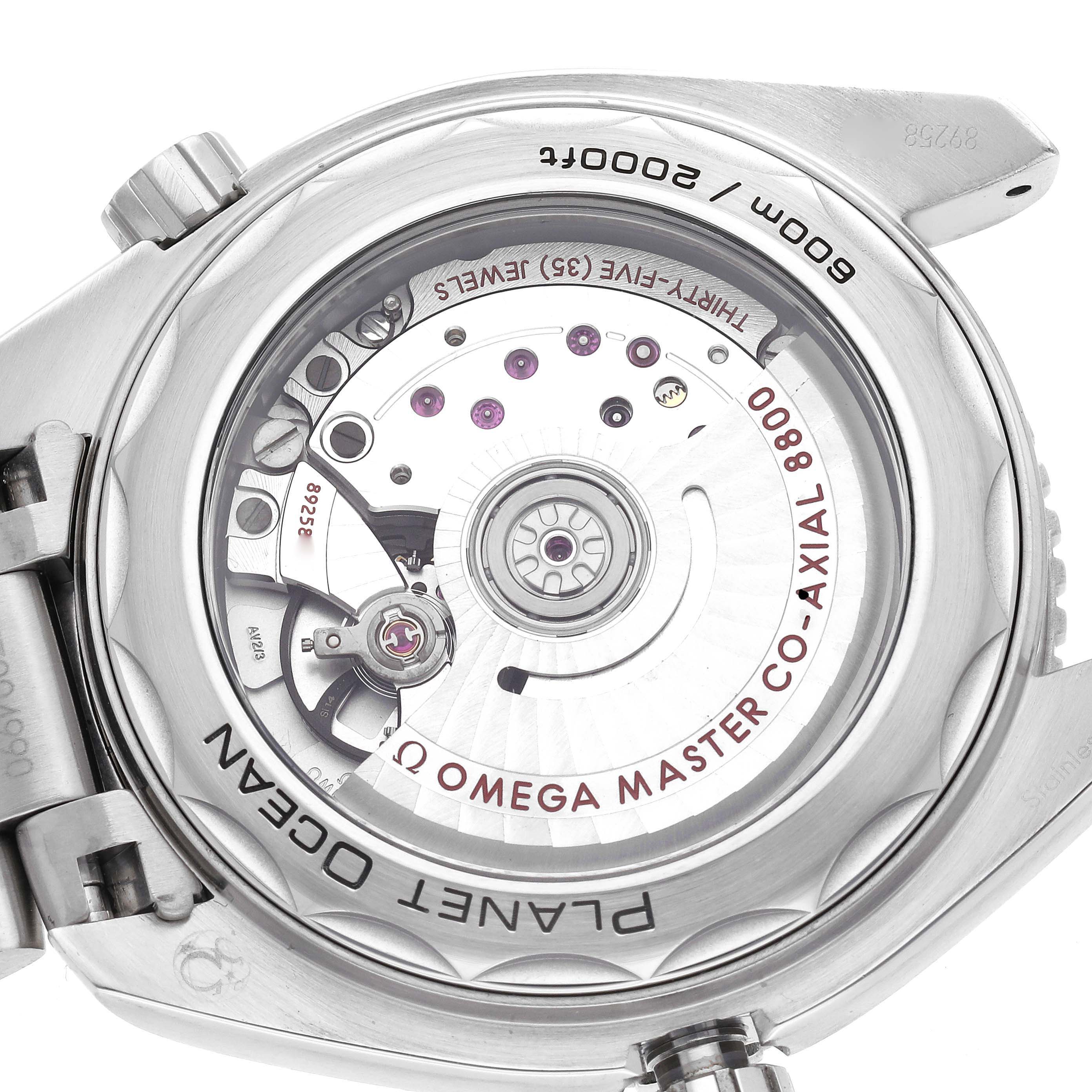 The image shows the back of an Omega Planet Ocean 215.30.40.20.04.001 Men's Stainless Steel White Dial 215.30.40.20.04.001 Men's Stainless Steel White Dial watch, highlighting its exposed movement and rotor.