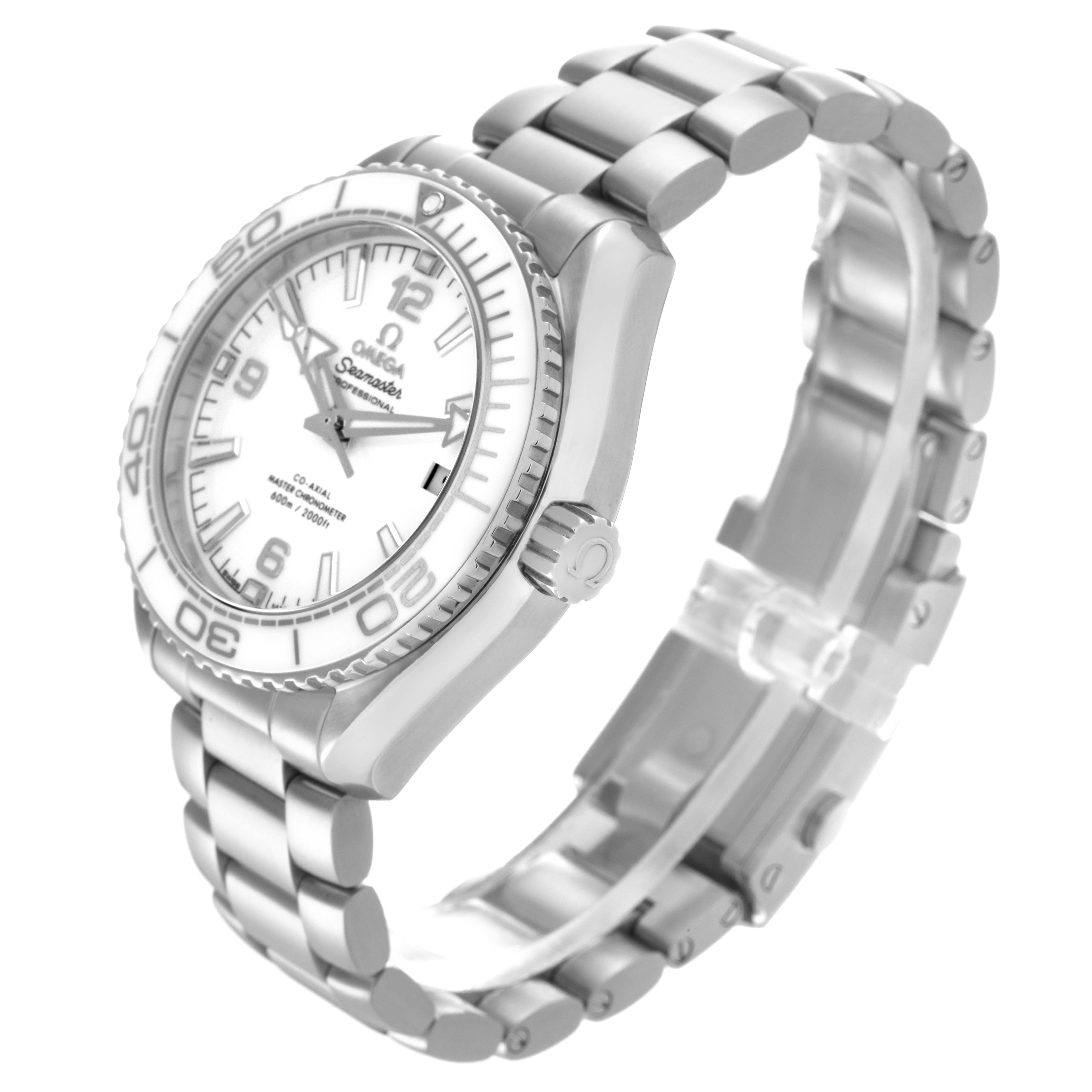 The Omega Planet Ocean 215.30.40.20.04.001 Men's Stainless Steel White Dial 215.30.40.20.04.001 Men's Stainless Steel White Dial watch is shown at a three-quarter angle, highlighting the face, bezel, crown, and bracelet.