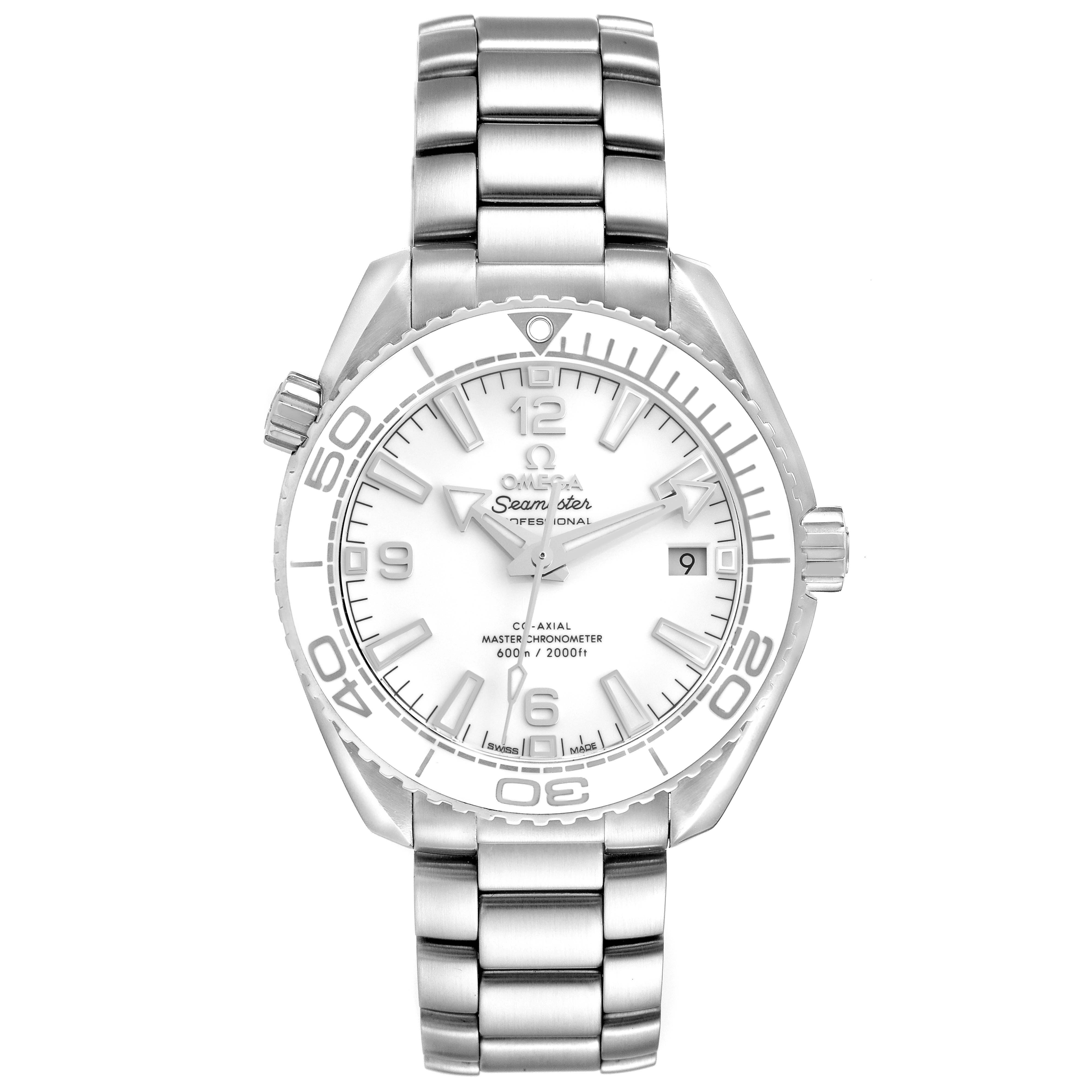 The Omega Planet Ocean 215.30.40.20.04.001 Men's Stainless Steel White Dial 215.30.40.20.04.001 Men's Stainless Steel White Dial watch is shown from a front angle, displaying the face, bezel, bracelet, and crown.