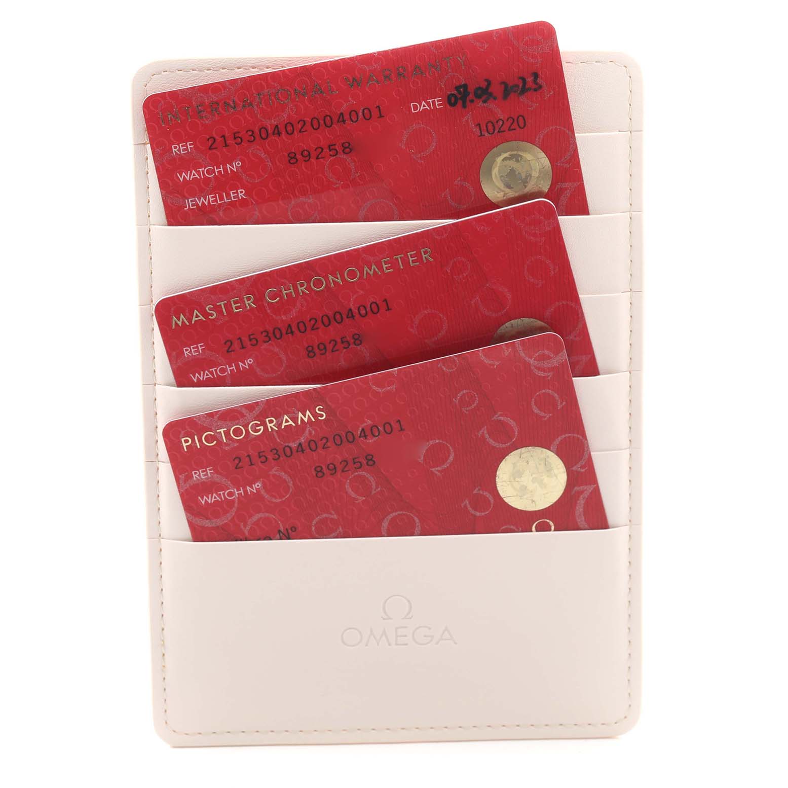 The image shows Omega Planet Ocean 215.30.40.20.04.001 Men's Stainless Steel White Dial 215.30.40.20.04.001 Men's Stainless Steel White Dial model warranty cards arranged in a leather card holder.