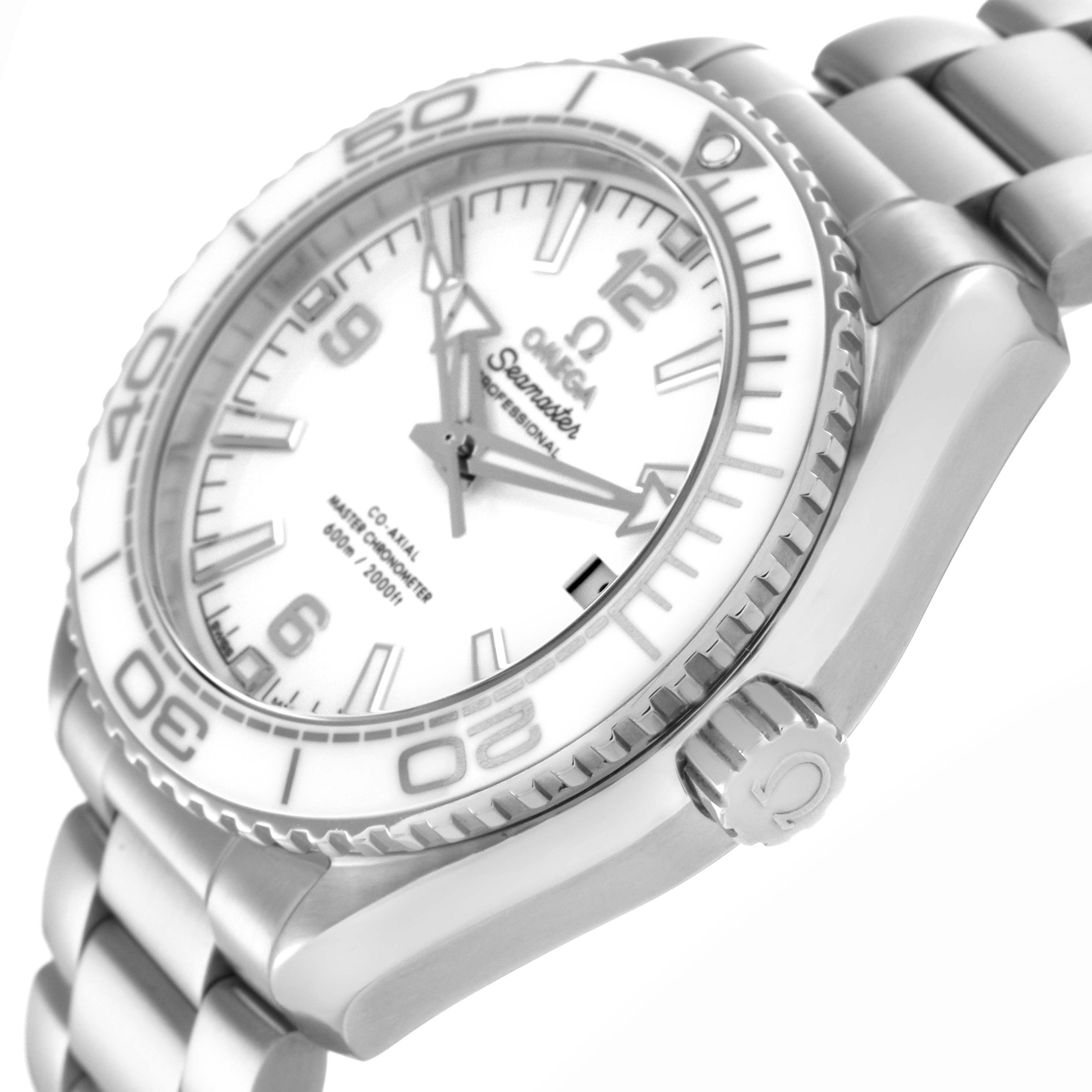 The Omega Planet Ocean 215.30.40.20.04.001 Men's Stainless Steel White Dial 215.30.40.20.04.001 Men's Stainless Steel White Dial watch is shown at an oblique angle, featuring the face, bezel, crown, and part of the bracelet.