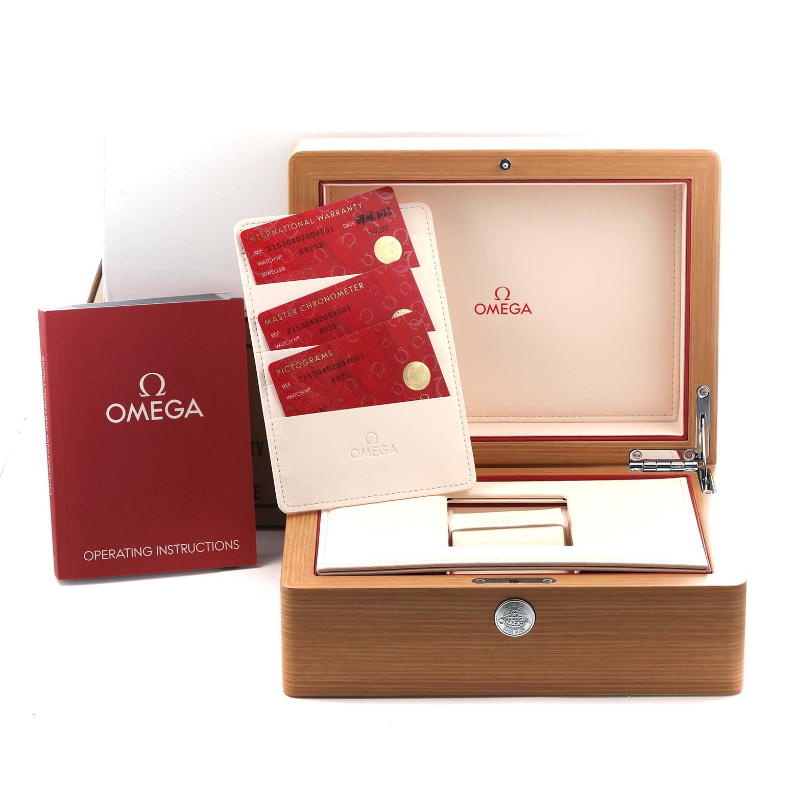 The image shows an Omega Planet Ocean 215.30.40.20.04.001 Men's Stainless Steel White Dial 215.30.40.20.04.001 Men's Stainless Steel White Dial watch box, warranty cards, and an instruction manual front view.