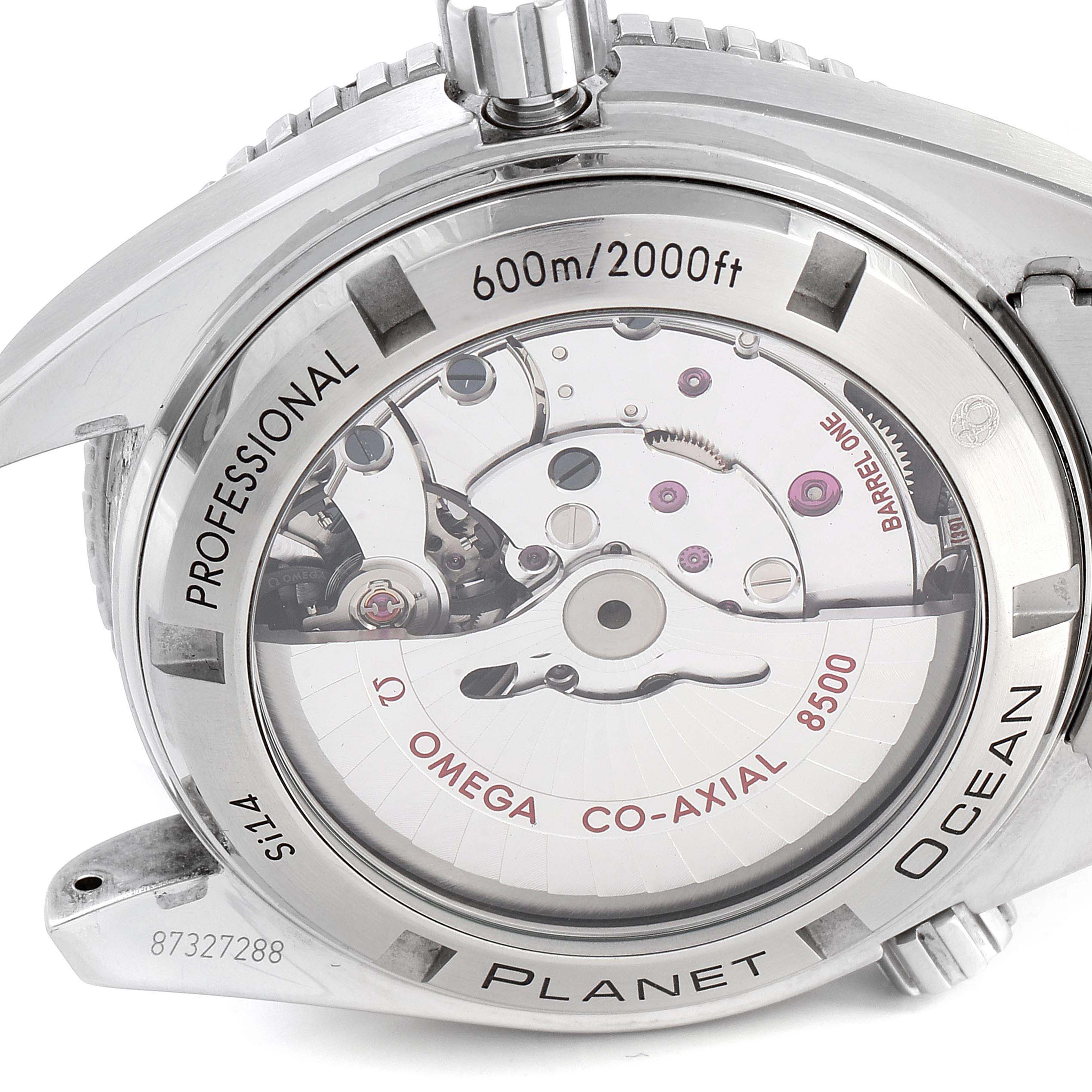 This image shows the back case view of the Omega Planet Ocean 232.30.42.21.01.003 Men
s Stainless Steel Black Dial 232.30.42.21.01.003 Men
s Stainless Steel Black Dial watch, revealing the Omega Co-Axial 8500 movement.