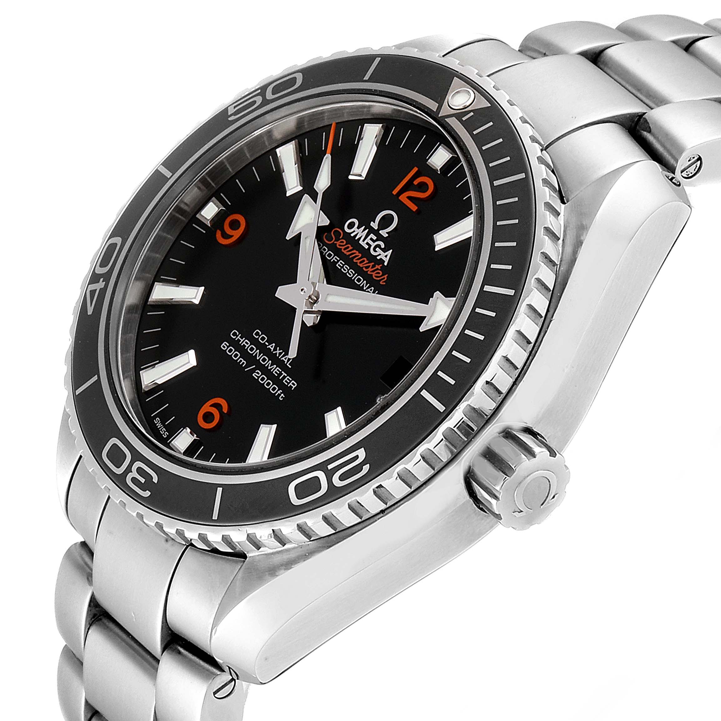 The image shows a side angle of the Omega Planet Ocean 232.30.42.21.01.003 Men
s Stainless Steel Black Dial 232.30.42.21.01.003 Men
s Stainless Steel Black Dial watch, highlighting the dial, bezel, and part of the bracelet.