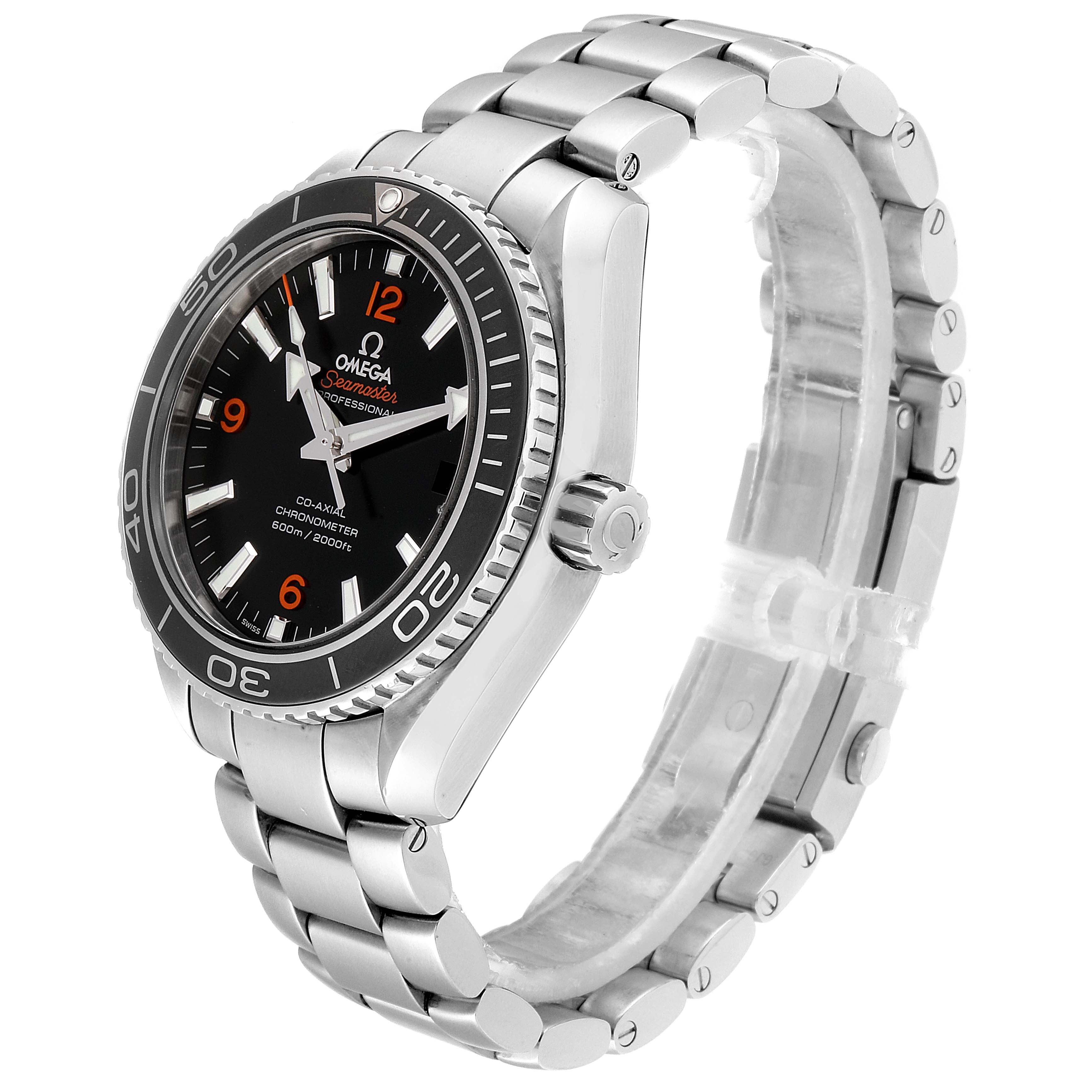 The image shows an angled view of an Omega Planet Ocean 232.30.42.21.01.003 Men
s Stainless Steel Black Dial 232.30.42.21.01.003 Men
s Stainless Steel Black Dial watch, highlighting the face, bezel, and metal bracelet.