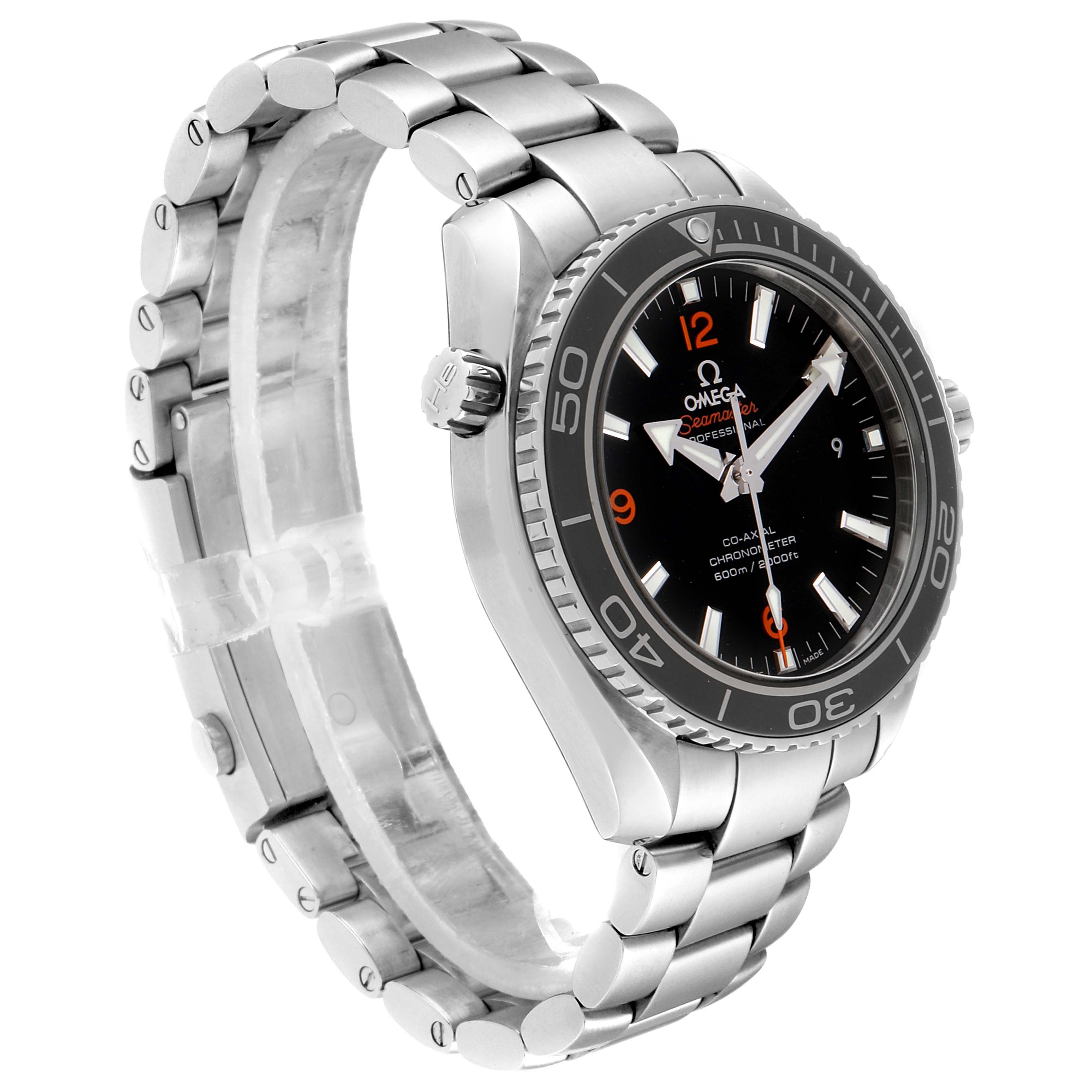 The Omega Planet Ocean 232.30.42.21.01.003 Men
s Stainless Steel Black Dial 232.30.42.21.01.003 Men
s Stainless Steel Black Dial watch is displayed at a slight left-facing angle, showing its stainless steel bracelet, bezel, and crown.