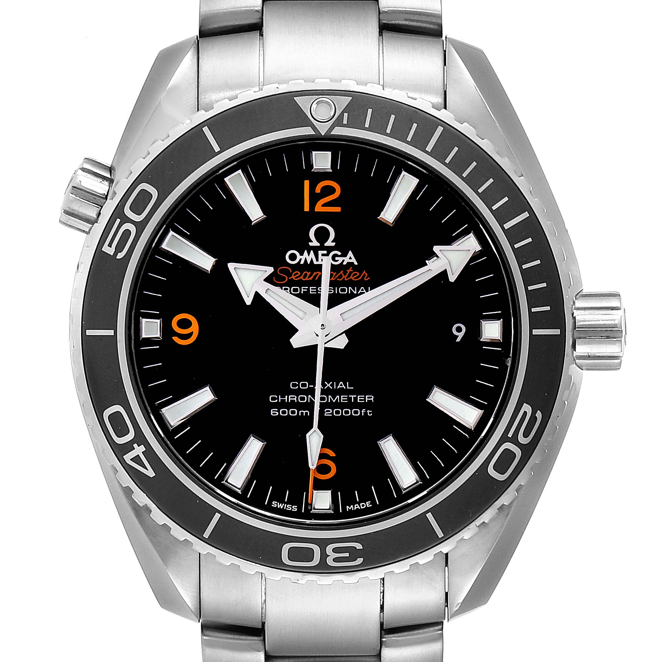 This image shows a front view of the Omega Seamaster Planet Ocean watch, displaying the face, bezel, and part of the stainless steel bracelet.