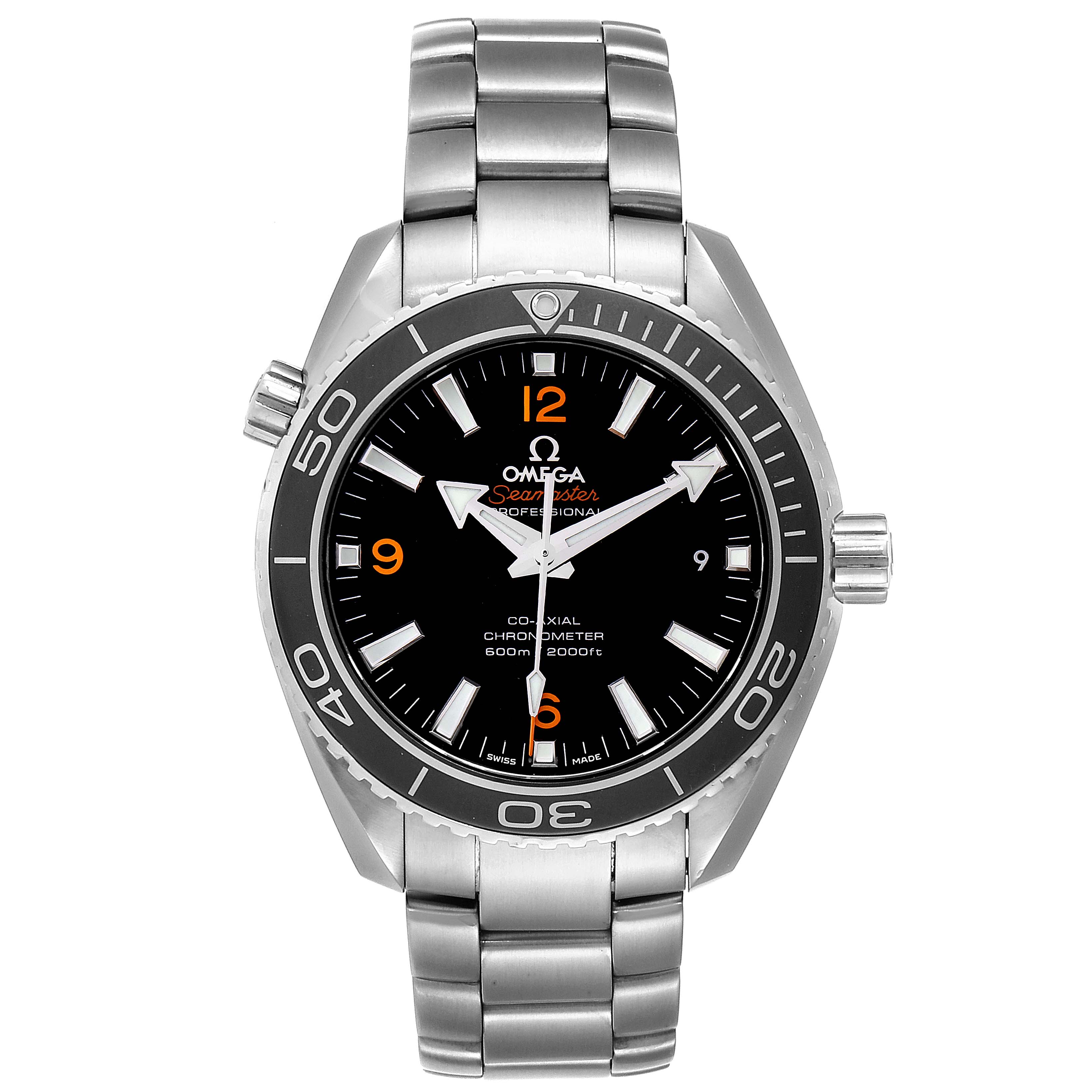 This image shows a front view of an Omega Planet Ocean 232.30.42.21.01.003 Men
s Stainless Steel Black Dial 232.30.42.21.01.003 Men
s Stainless Steel Black Dial model with a stainless steel band and bezel.