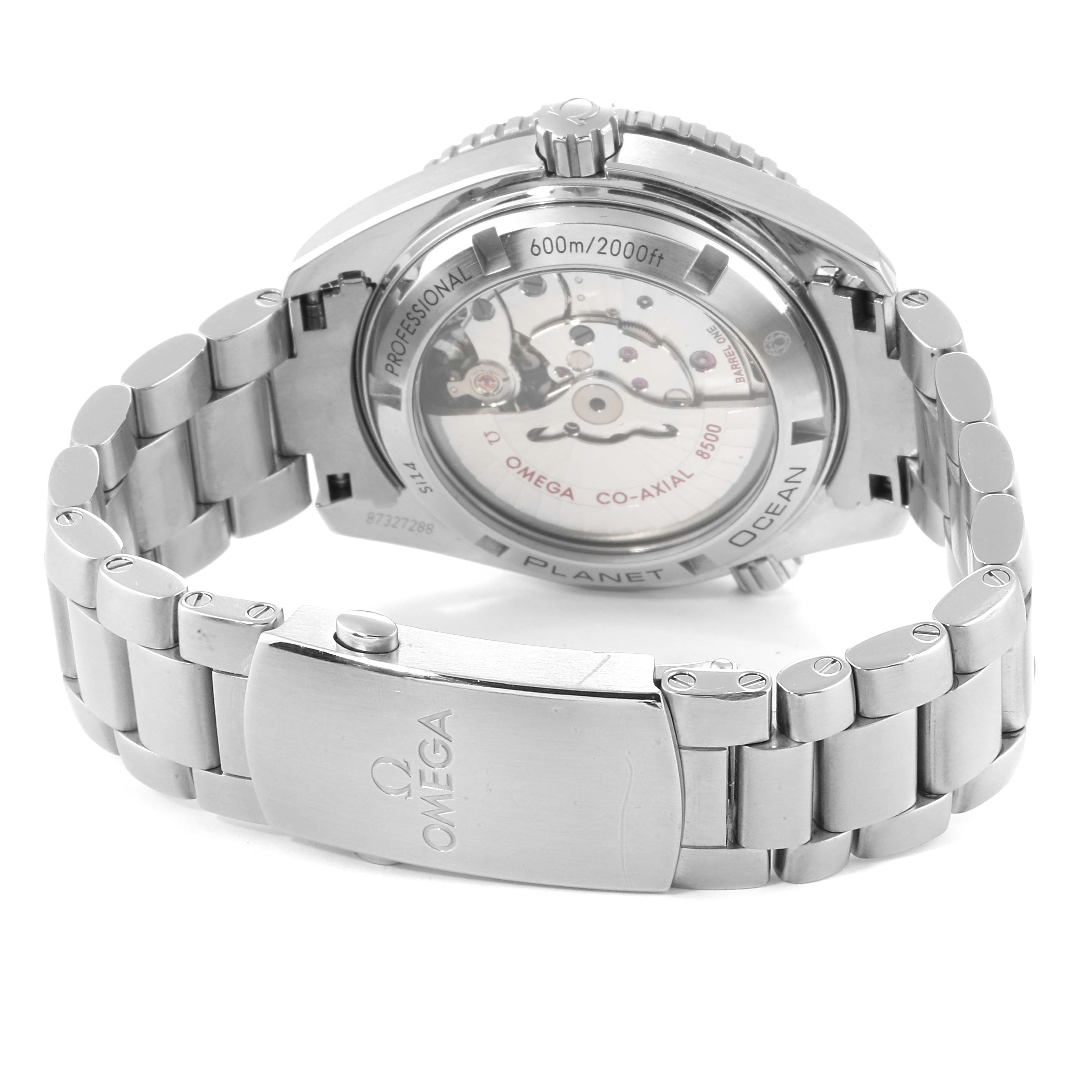 The image shows the back and bracelet clasp of an Omega Planet Ocean 232.30.42.21.01.003 Men
s Stainless Steel Black Dial 232.30.42.21.01.003 Men
s Stainless Steel Black Dial watch.