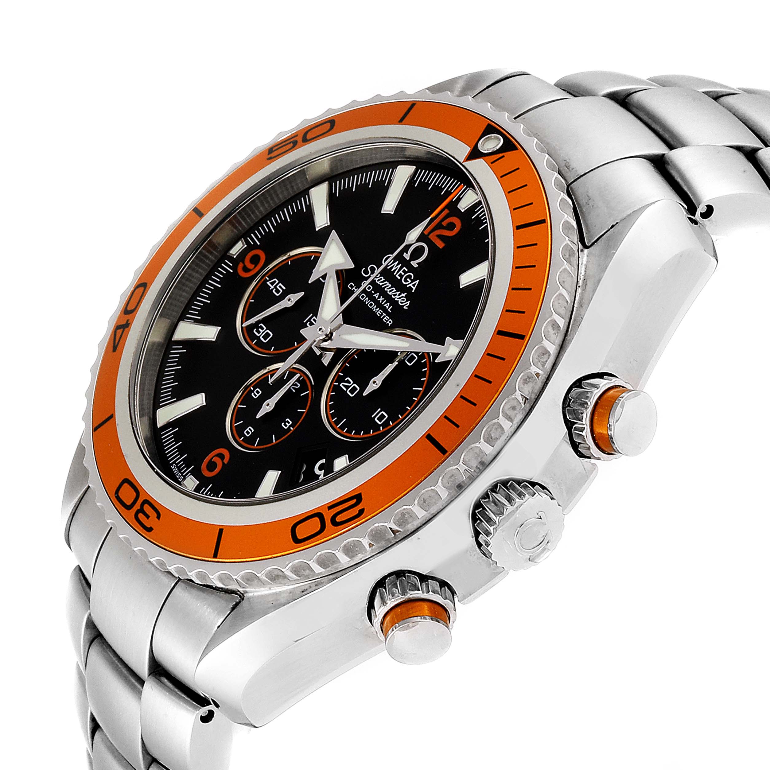 The Omega Planet Ocean 2218.50.00 Men
s Stainless Steel Black Dial 2218.50.00 Men
s Stainless Steel Black Dial watch is shown at an angled top-side view, showcasing the dial, bezel, crown, and pushers.