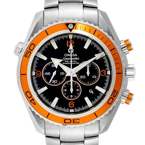 This image shows a front view of the Omega Planet Ocean Seamaster watch, highlighting its face, bezel, and bracelet.