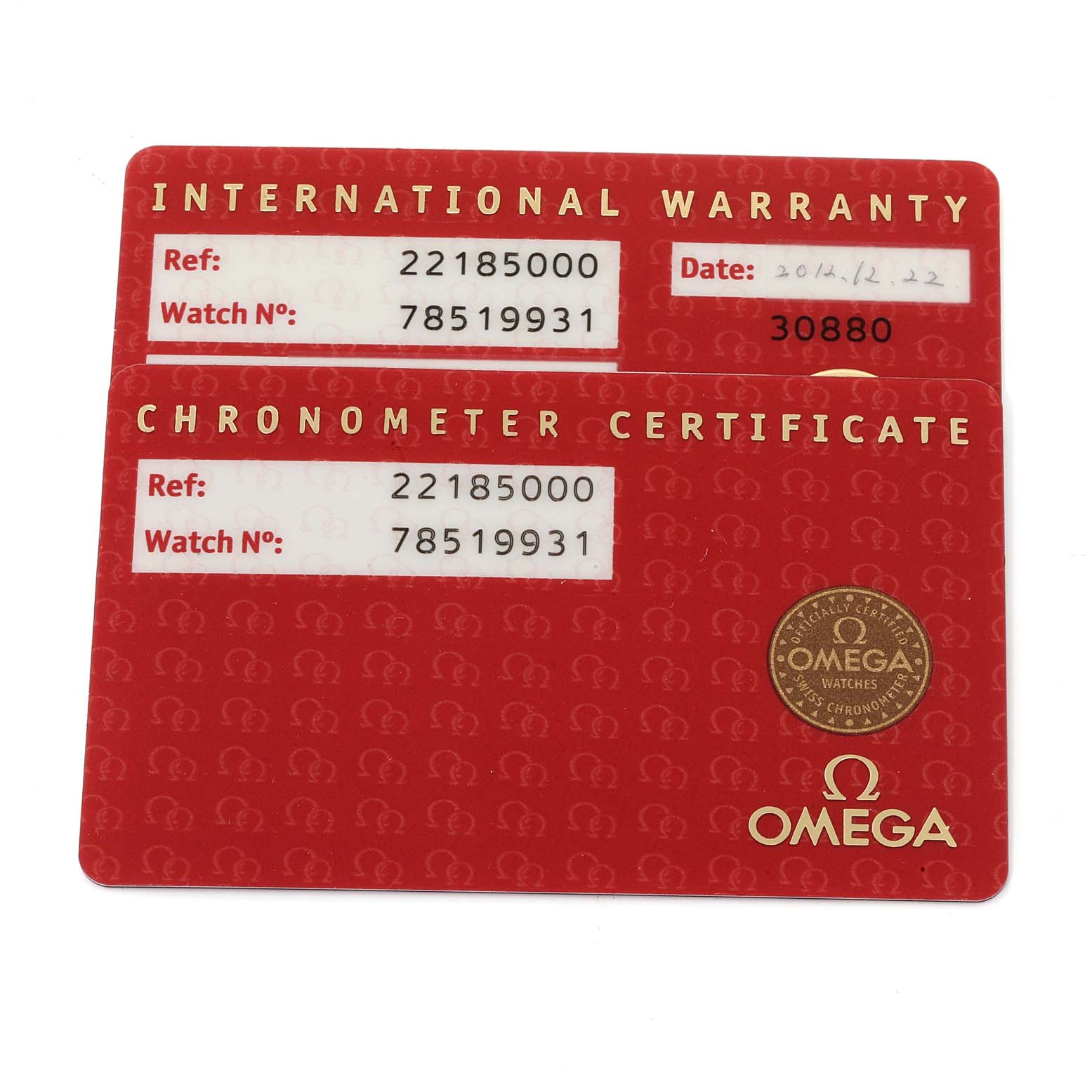 The image shows the international warranty and chronometer certificate cards for the Omega Planet Ocean 2218.50.00 Men
s Stainless Steel Black Dial 2218.50.00 Men
s Stainless Steel Black Dial watch.