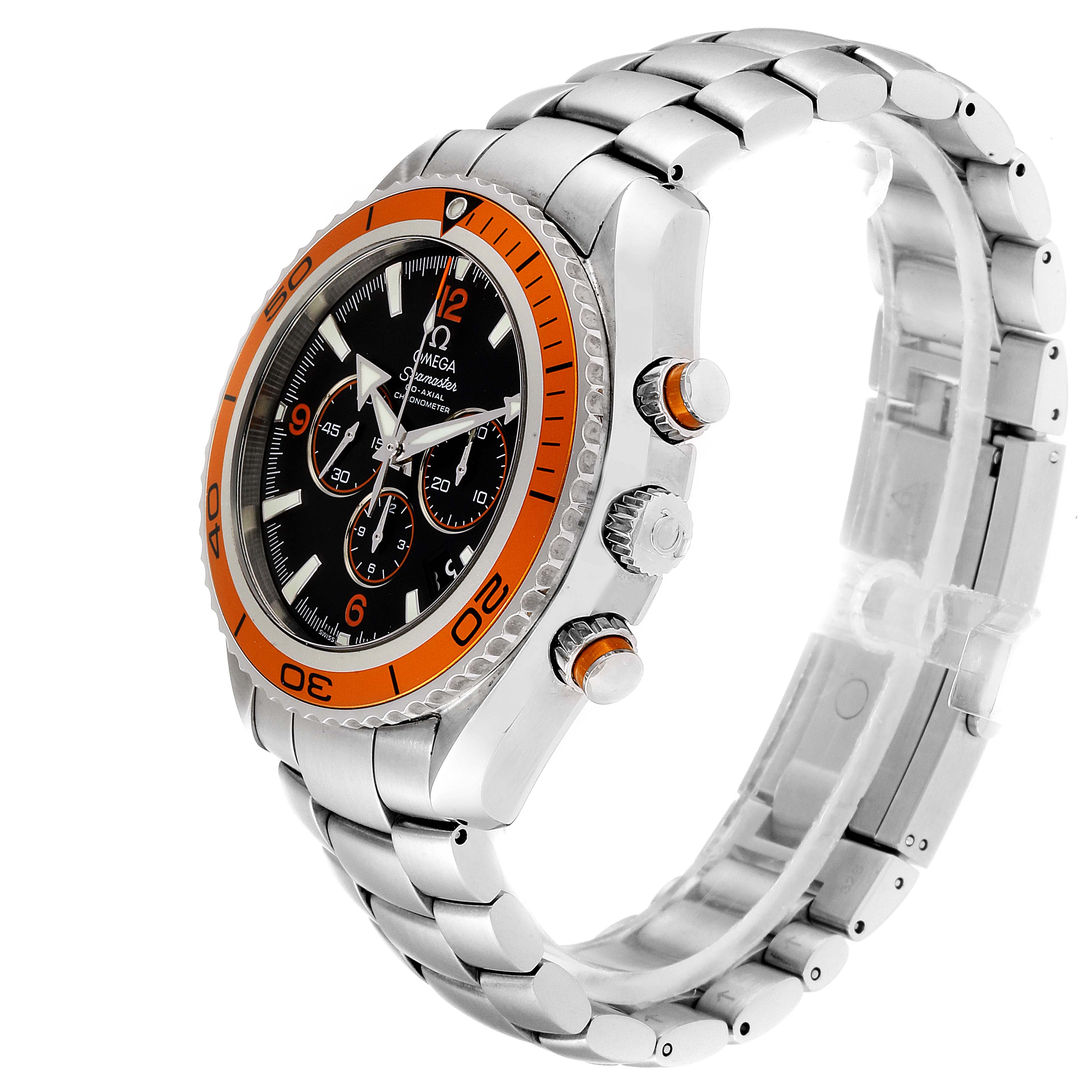 The image shows an angled side view of an Omega Planet Ocean 2218.50.00 Men
s Stainless Steel Black Dial 2218.50.00 Men
s Stainless Steel Black Dial watch, featuring its bezel, crown, pushers, and bracelet.