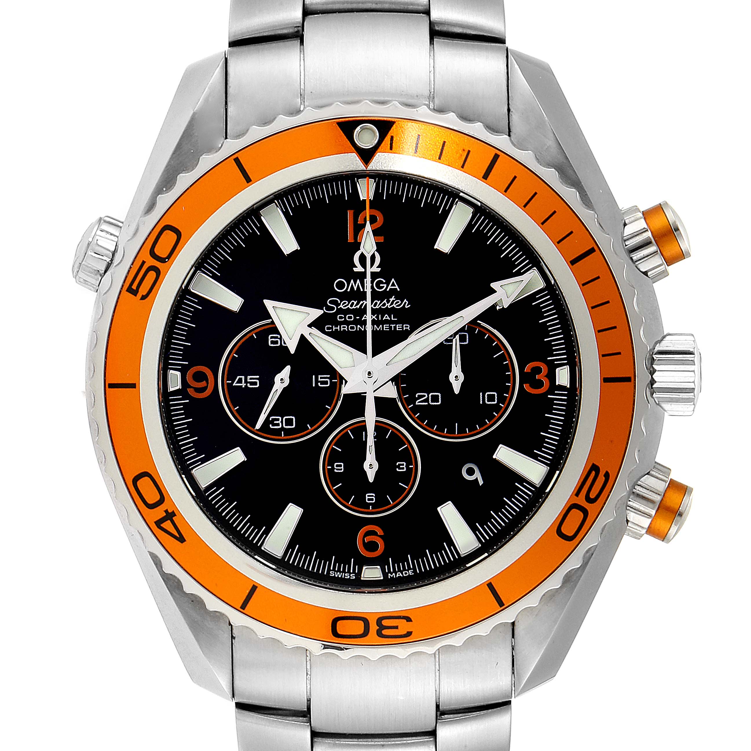 The image shows a front view of the Omega Seamaster Planet Ocean watch, highlighting its orange bezel and stainless steel bracelet.