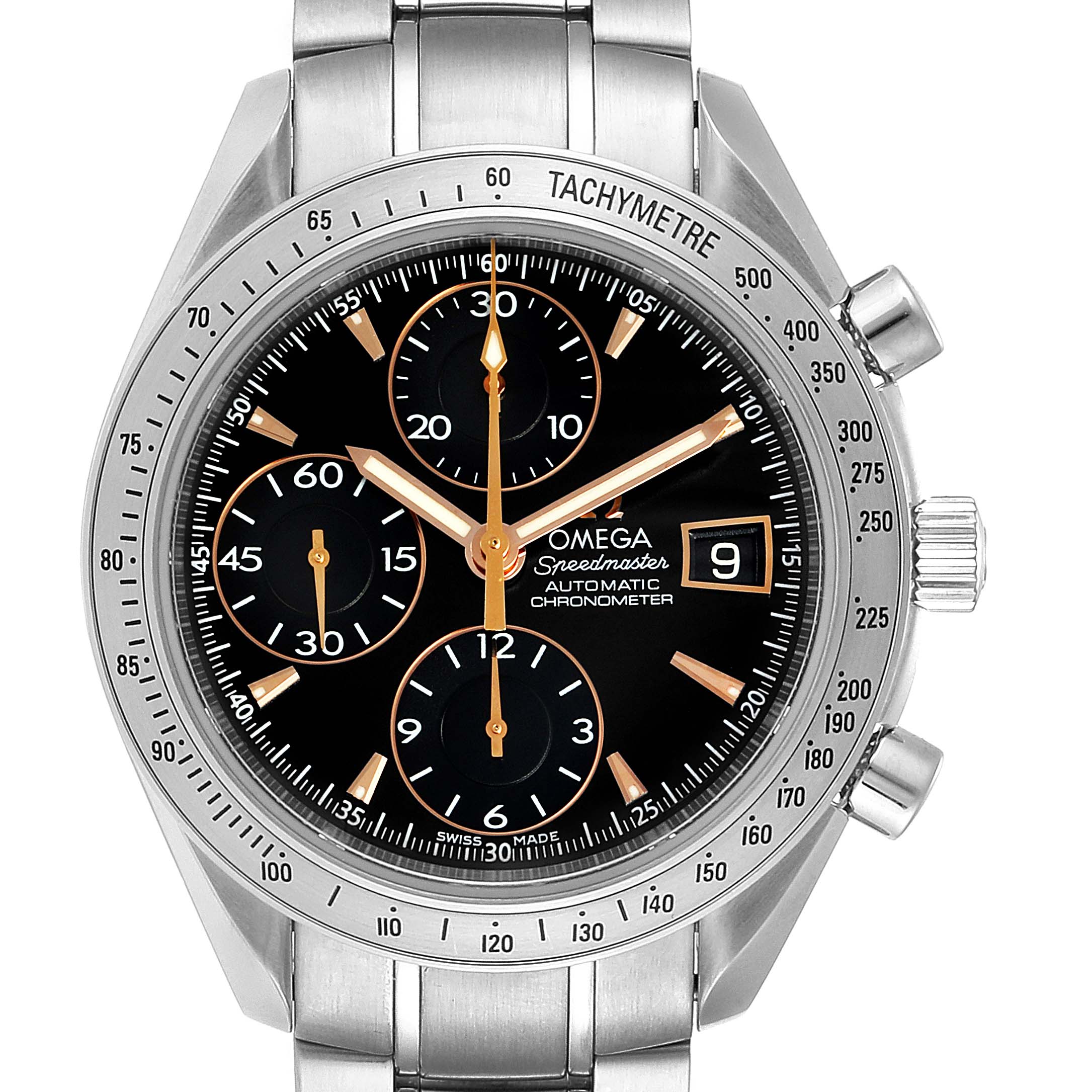 The image shows a front view of an Omega Speedmaster 3211.50.00 Men
s Stainless Steel Black Dial 3211.50.00 Men
s Stainless Steel Black Dial watch, featuring the dial, bezel, chronograph subdials, date window, and stainless steel bracelet.