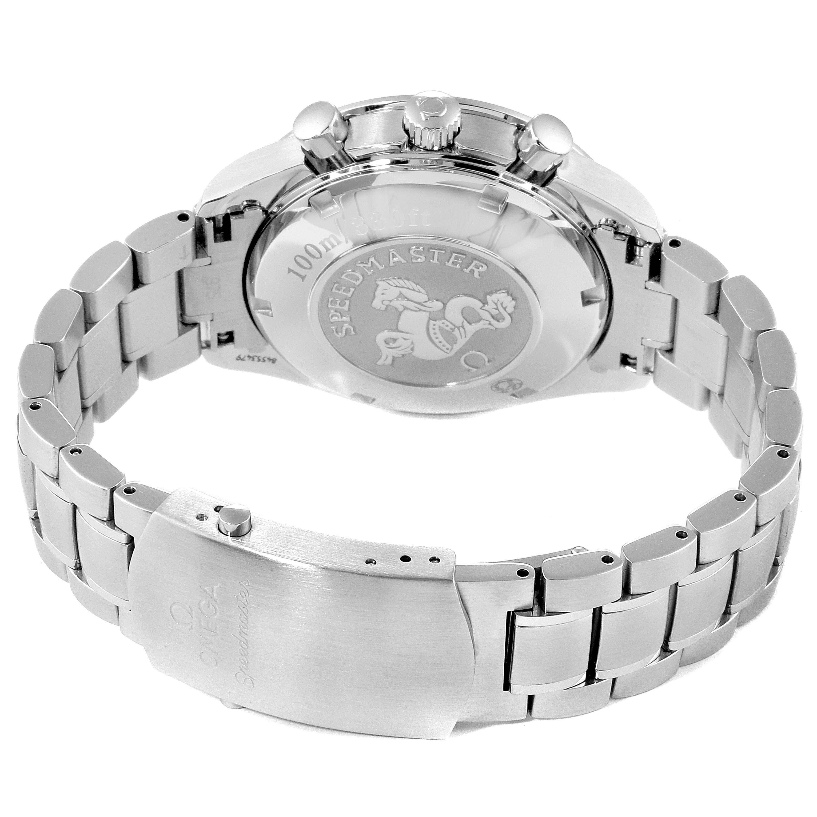 The image depicts the back of the Omega Speedmaster 3211.50.00 Men
s Stainless Steel Black Dial 3211.50.00 Men
s Stainless Steel Black Dial watch, showcasing its case back, crown, pushers, and metal bracelet.