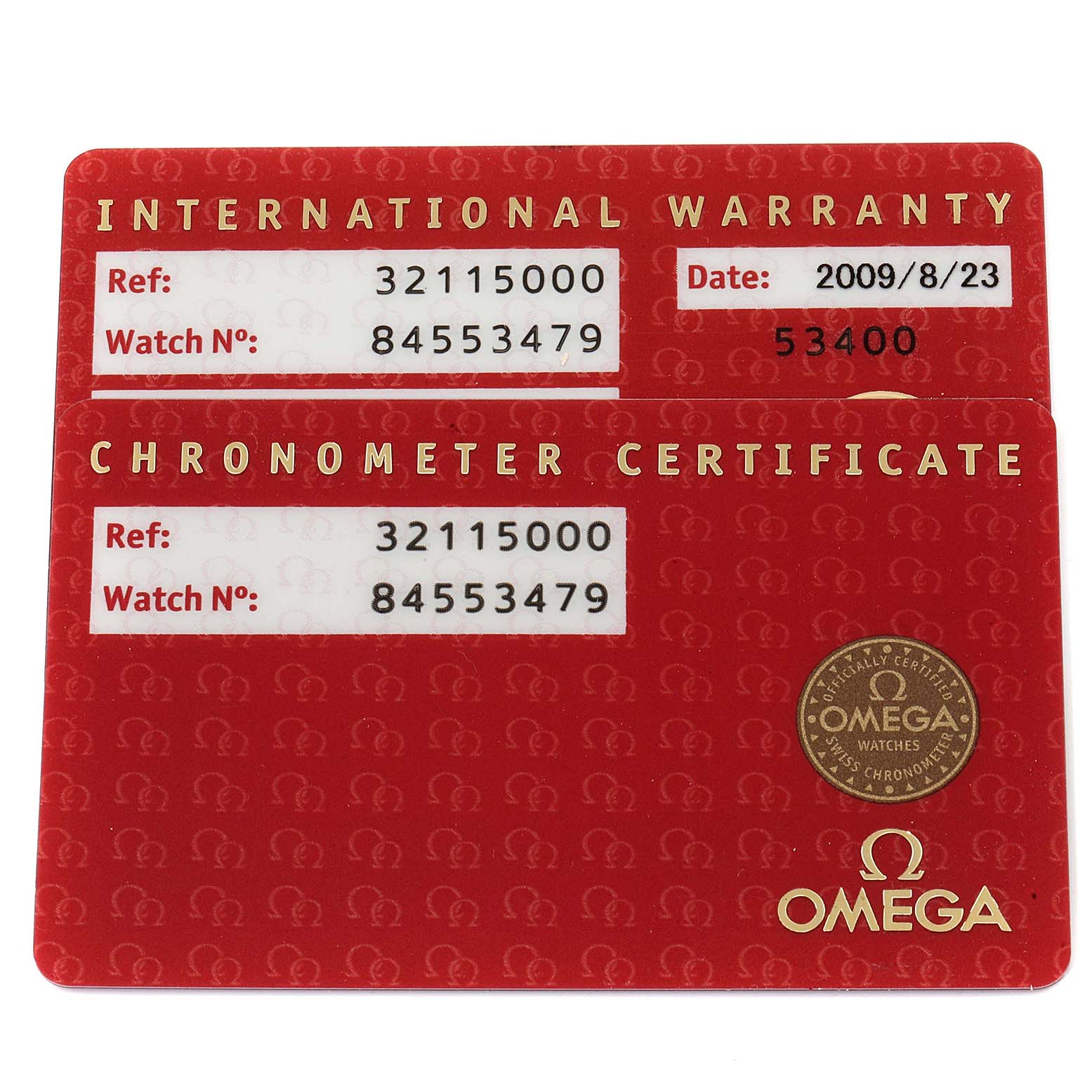 The image shows the International Warranty and Chronometer Certificate cards for the Omega Speedmaster 3211.50.00 Men
s Stainless Steel Black Dial 3211.50.00 Men
s Stainless Steel Black Dial model.