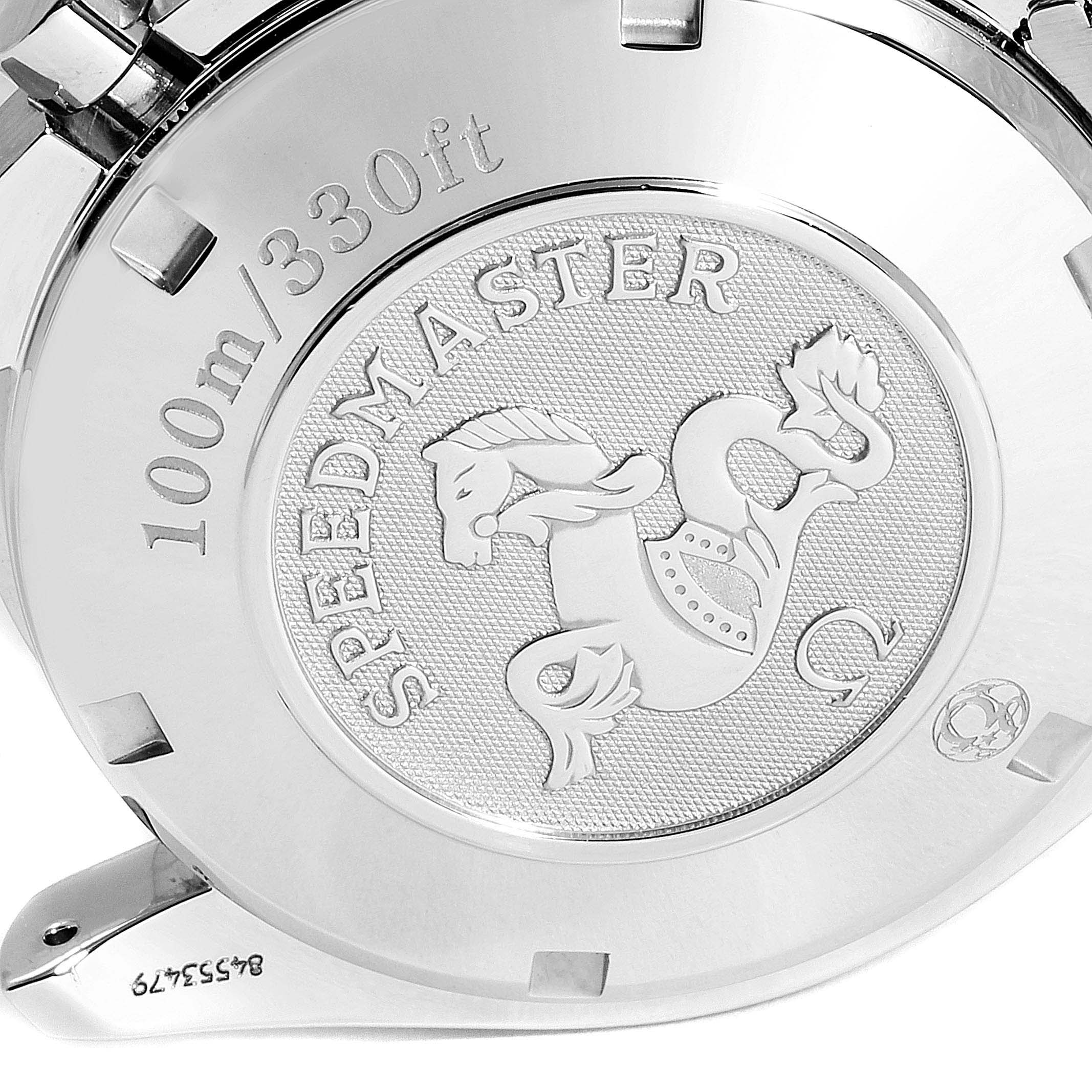 The image shows the case back of the Omega Speedmaster 3211.50.00 Men
s Stainless Steel Black Dial 3211.50.00 Men
s Stainless Steel Black Dial watch, featuring an engraved hippocampus and "100m/330ft" inscription.