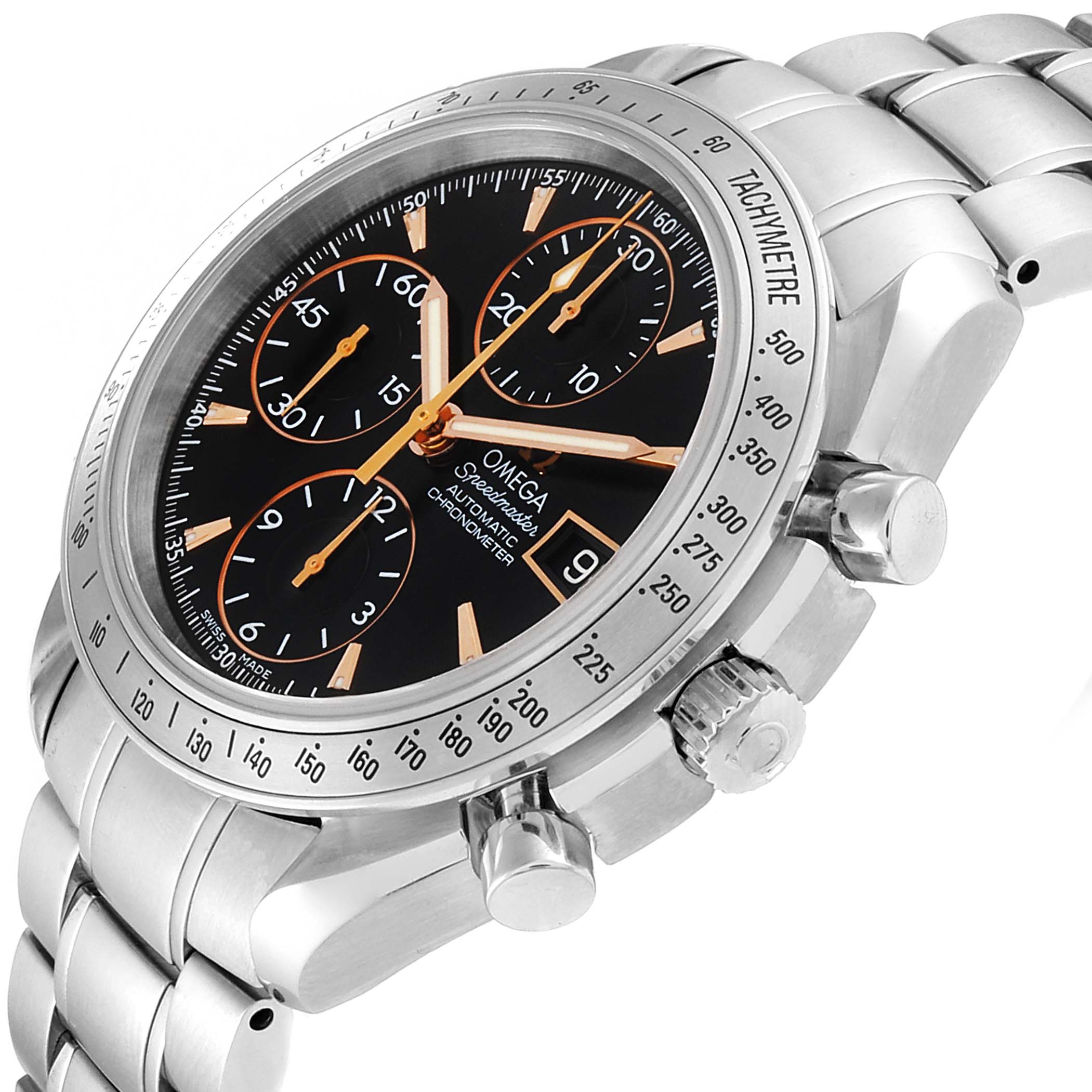 The image shows a close-up, angled view of an Omega Speedmaster 3211.50.00 Men
s Stainless Steel Black Dial 3211.50.00 Men
s Stainless Steel Black Dial watch, highlighting the dial, tachymeter bezel, pushers, and metal bracelet.