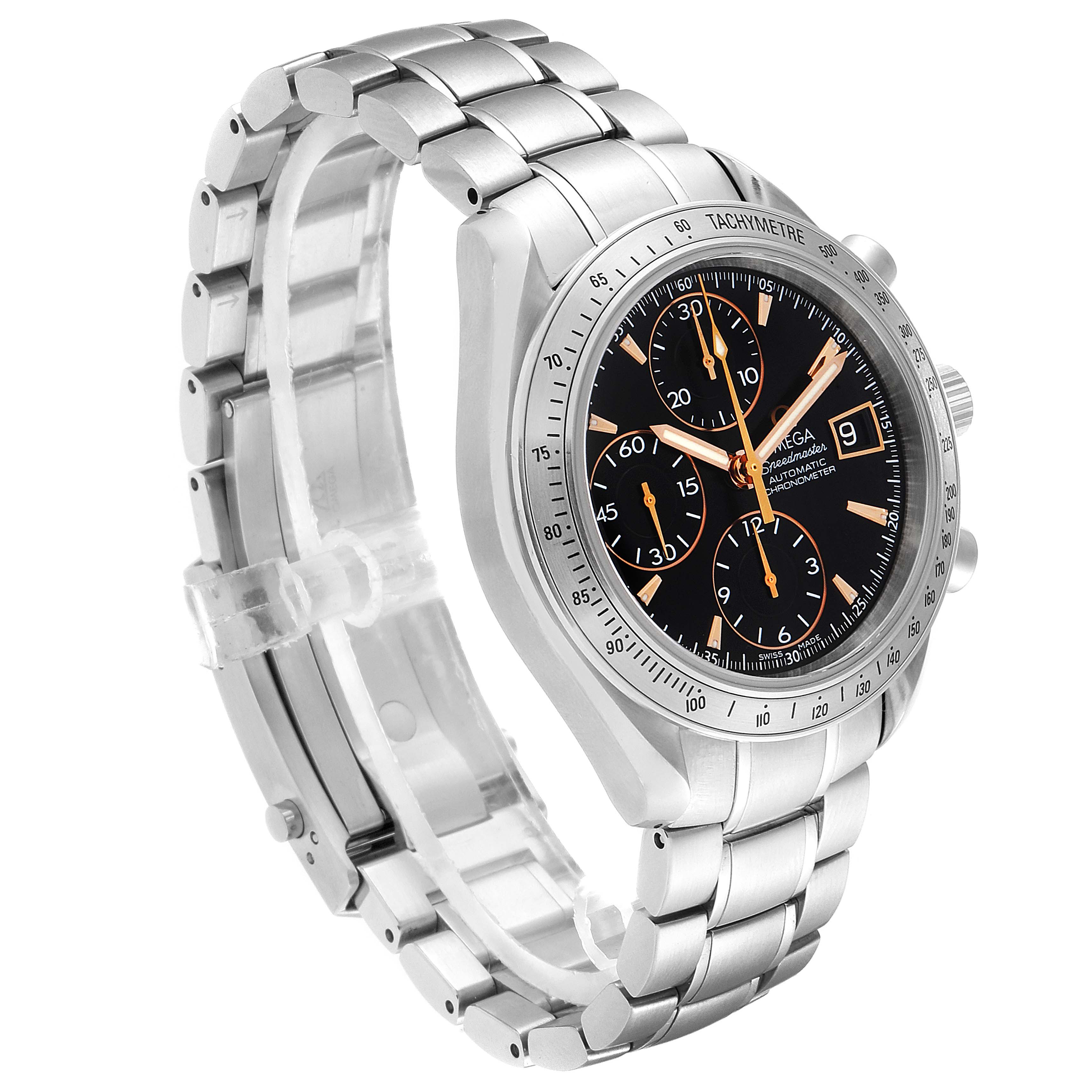 The Omega Speedmaster 3211.50.00 Men
s Stainless Steel Black Dial 3211.50.00 Men
s Stainless Steel Black Dial watch is shown from a three-quarter angle, highlighting its stainless steel band and black dial.