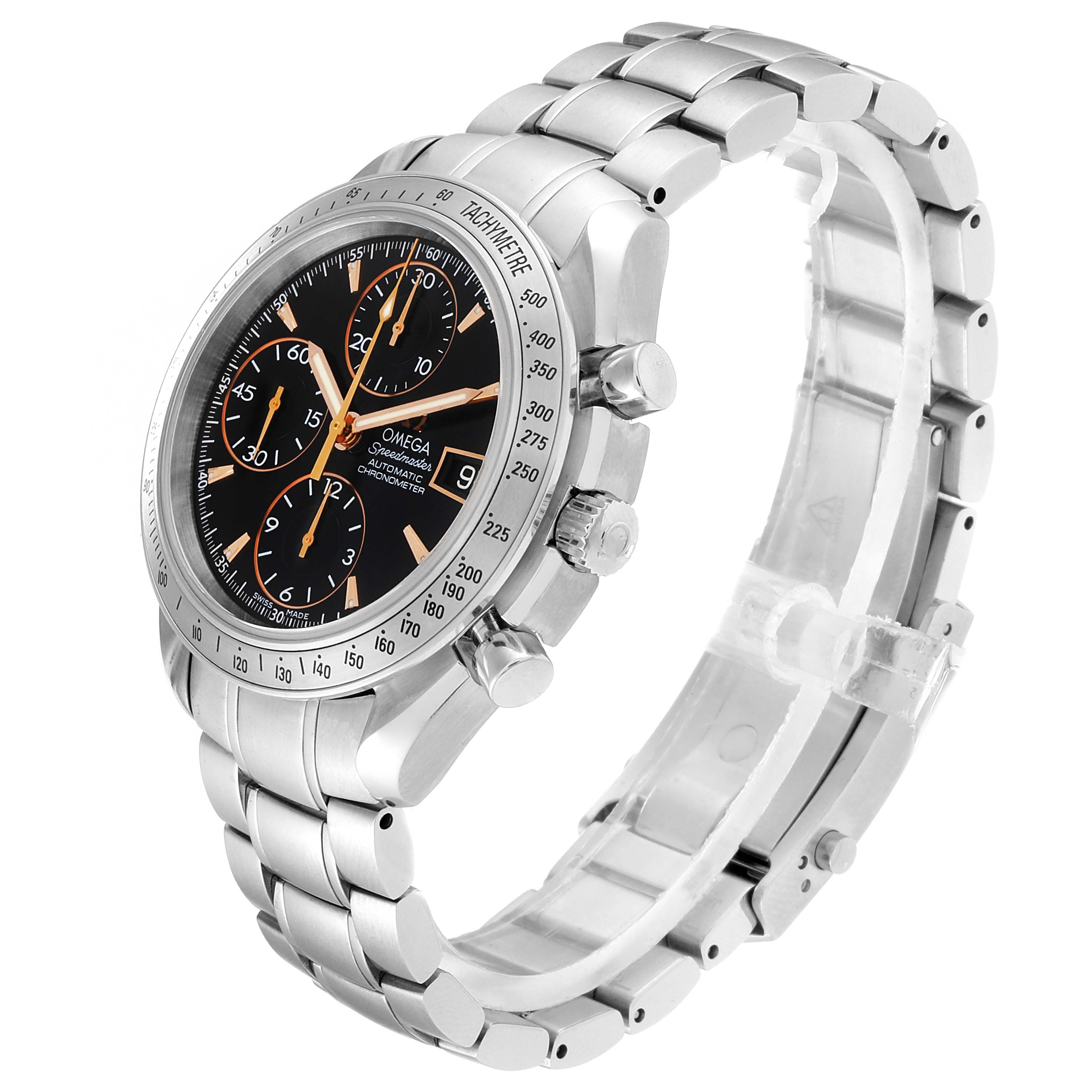 The Omega Speedmaster 3211.50.00 Men
s Stainless Steel Black Dial 3211.50.00 Men
s Stainless Steel Black Dial watch is shown from a three-quarter angle, highlighting the face, bezel, and metal bracelet.