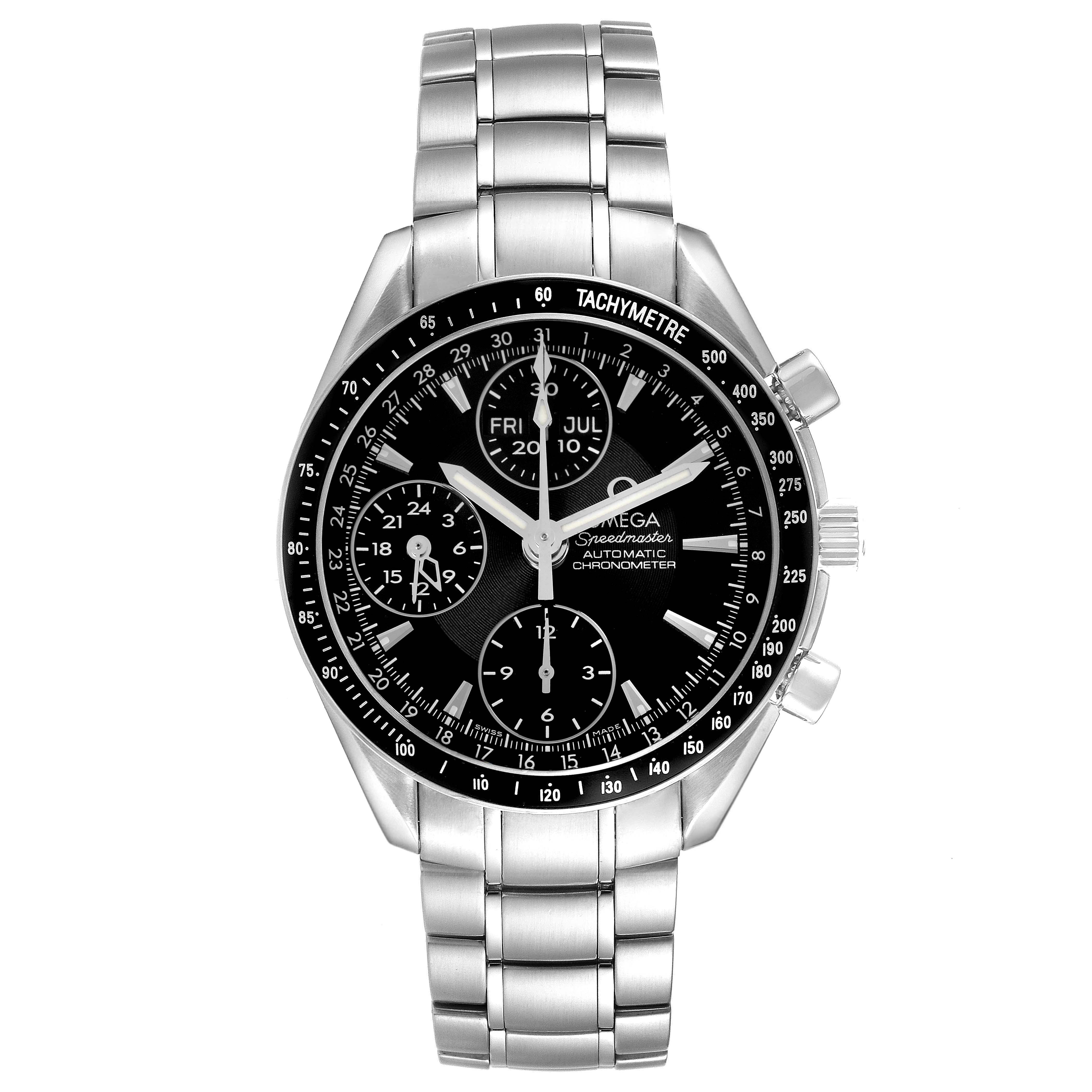 The image shows a front view of an Omega Speedmaster 3220.50.00 Men's Stainless Steel Black Dial 3220.50.00 Men's Stainless Steel Black Dial watch with a tachymeter bezel, chronograph dials, and a stainless steel bracelet.