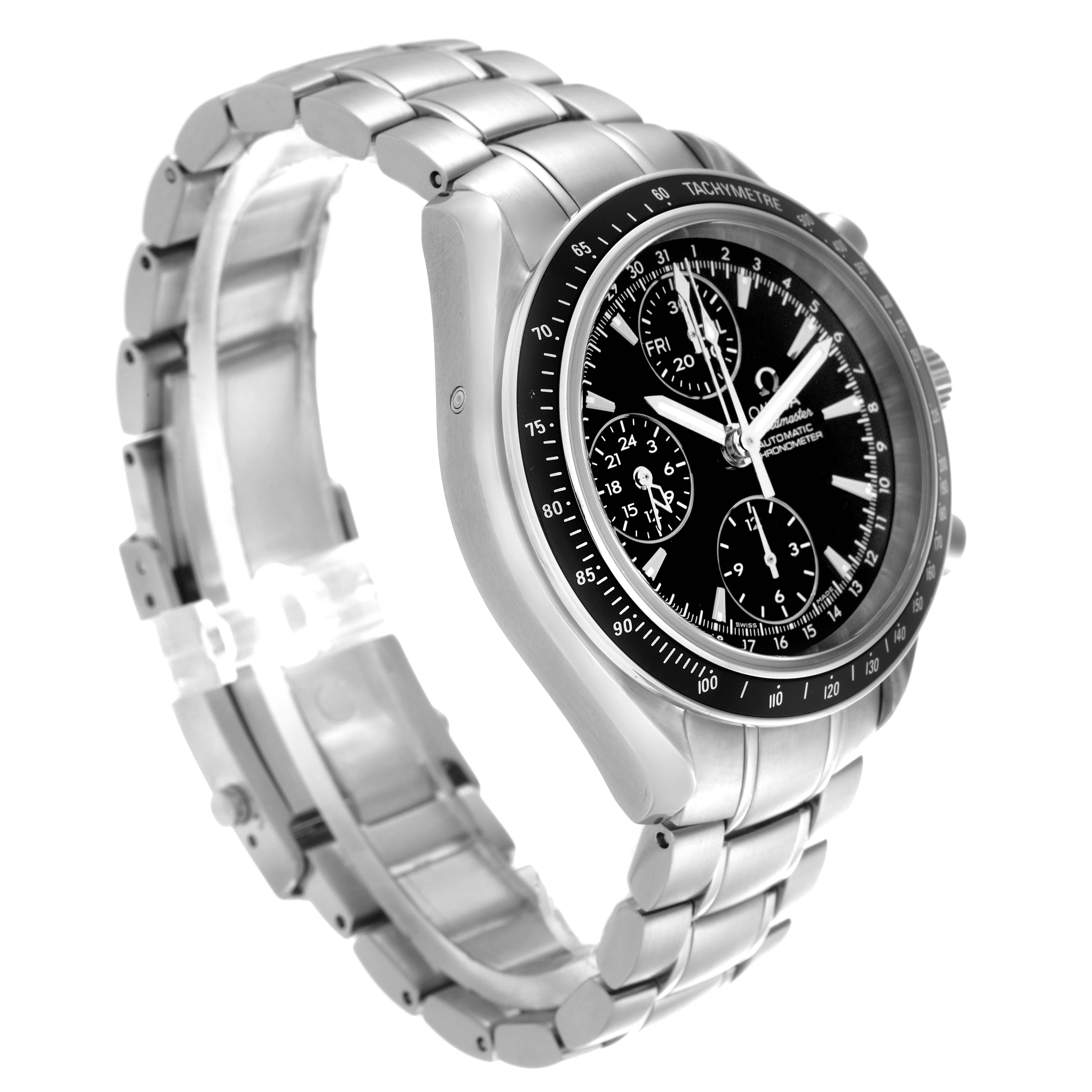 The Omega Speedmaster 3220.50.00 Men's Stainless Steel Black Dial 3220.50.00 Men's Stainless Steel Black Dial is shown at a three-quarter angle, displaying the face, bracelet, and tachymetre bezel.
