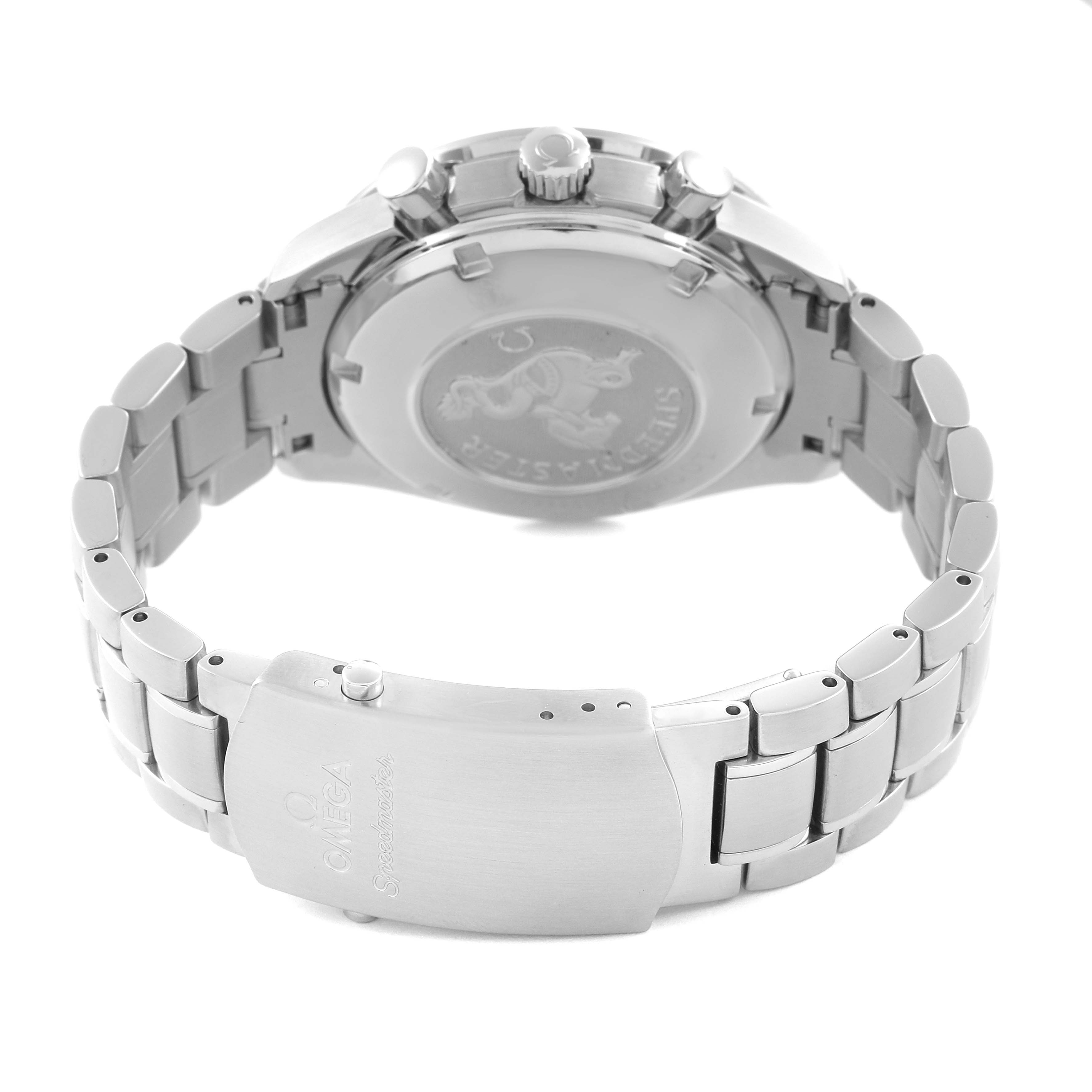 The image shows the back and clasp of the Omega Speedmaster 3220.50.00 Men's Stainless Steel Black Dial 3220.50.00 Men's Stainless Steel Black Dial, highlighting the bracelet and case back details.