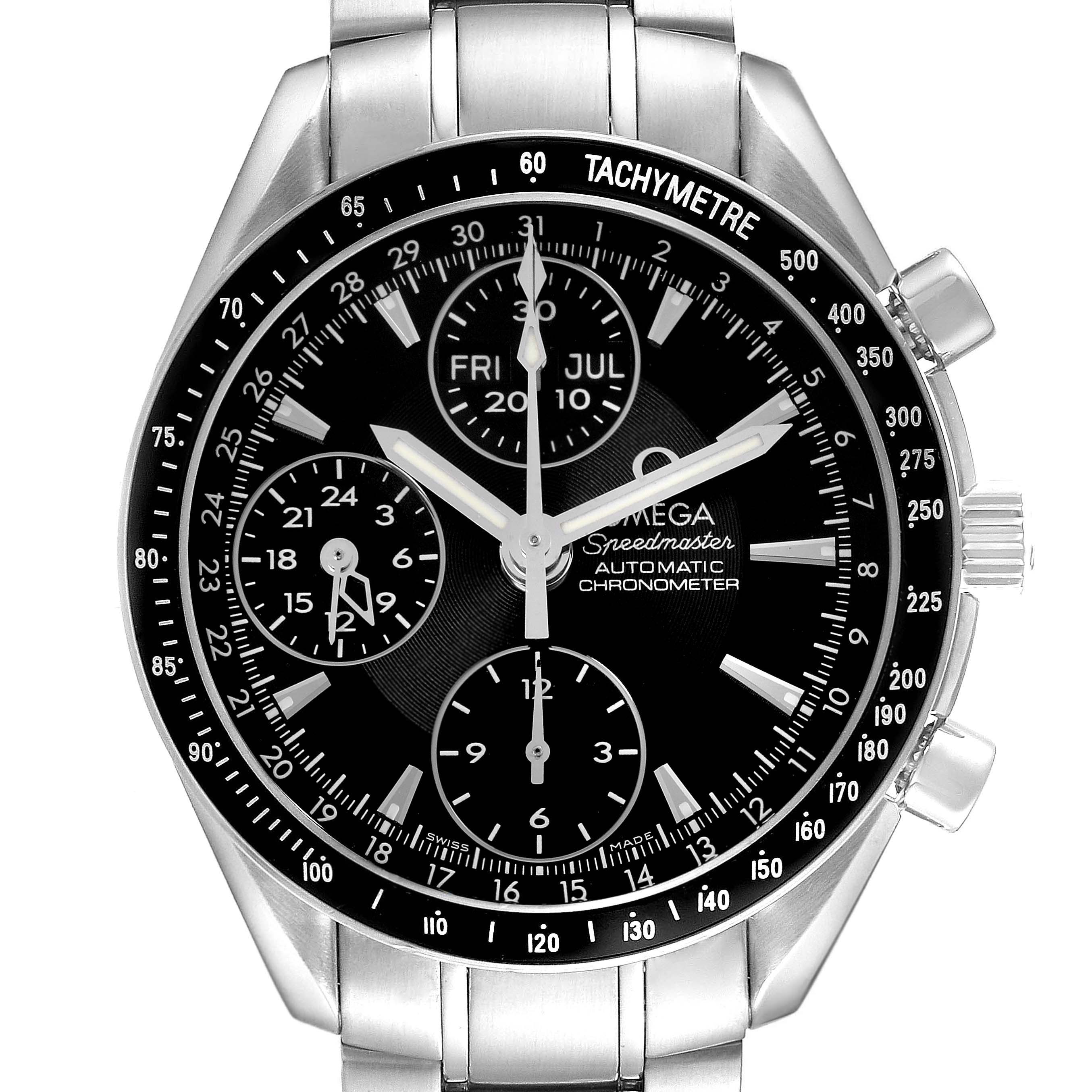 The Omega Speedmaster 3220.50.00 Men's Stainless Steel Black Dial 3220.50.00 Men's Stainless Steel Black Dial's face is shown from the front, highlighting its dial, hands, tachymeter, and chronograph subdials.