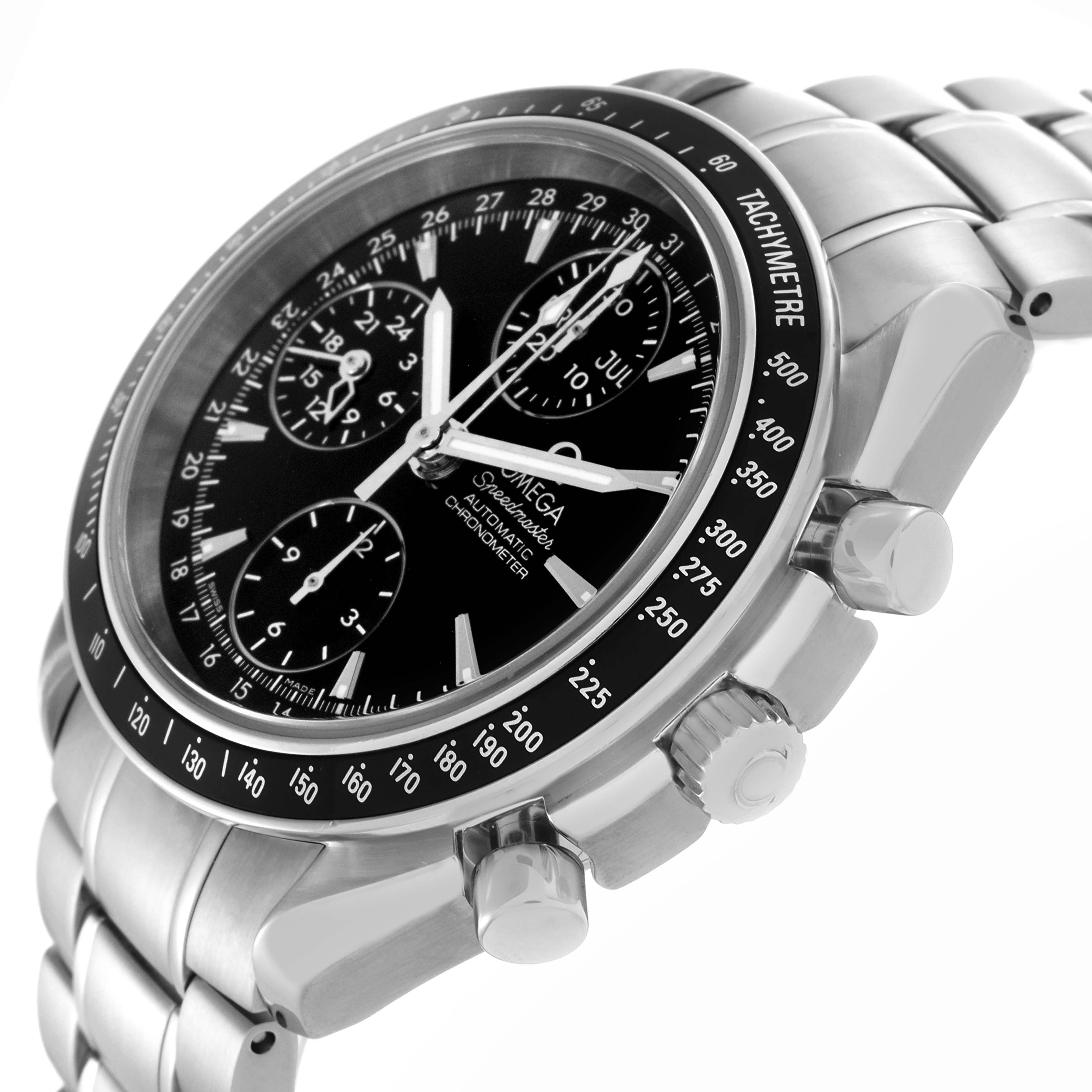 The Omega Speedmaster 3220.50.00 Men's Stainless Steel Black Dial 3220.50.00 Men's Stainless Steel Black Dial watch is shown at a three-quarter angle, highlighting its black tachymetric bezel, subdials, and stainless steel bracelet.