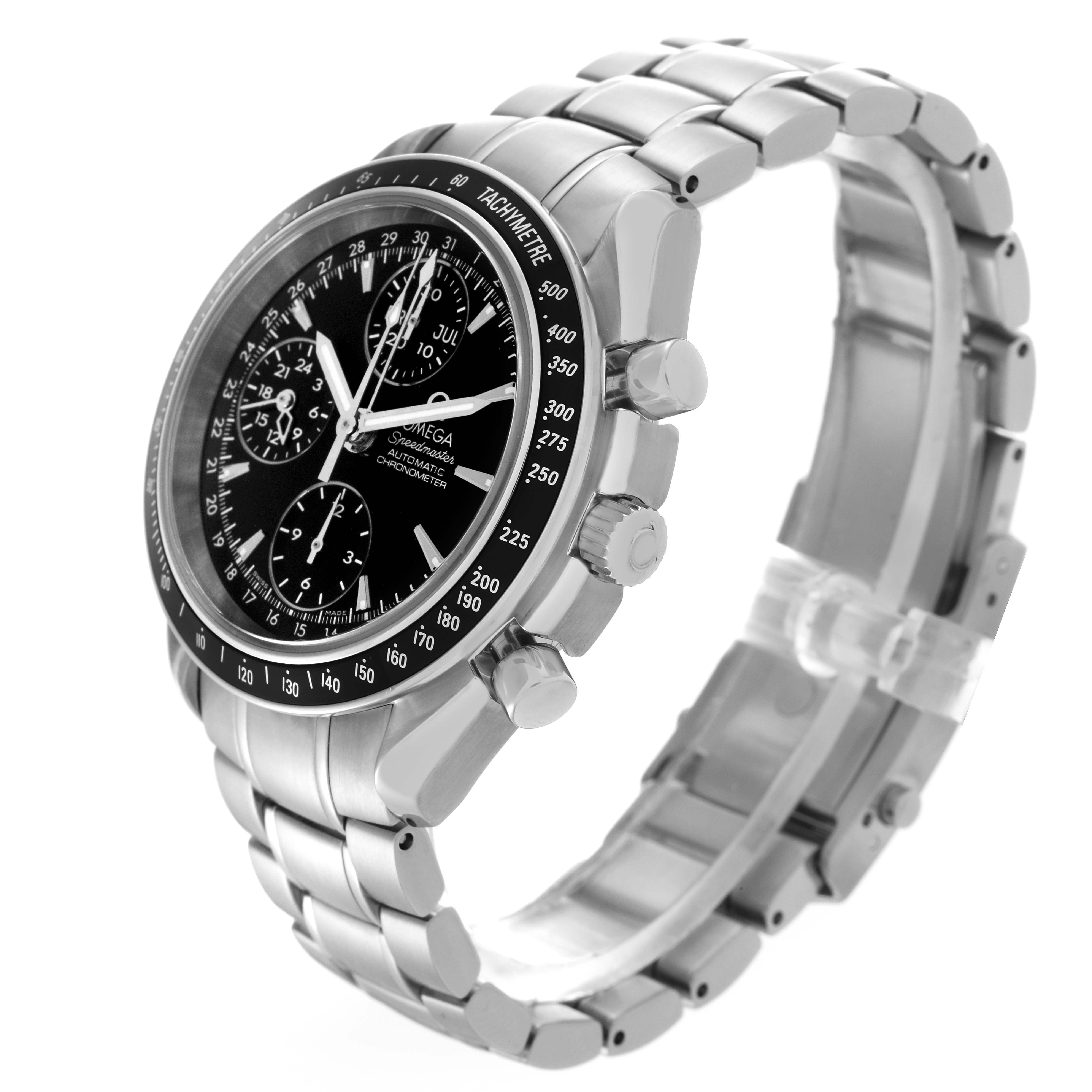 The Omega Speedmaster 3220.50.00 Men's Stainless Steel Black Dial 3220.50.00 Men's Stainless Steel Black Dial watch is shown at a three-quarter angle, highlighting the face, bezel, and bracelet.