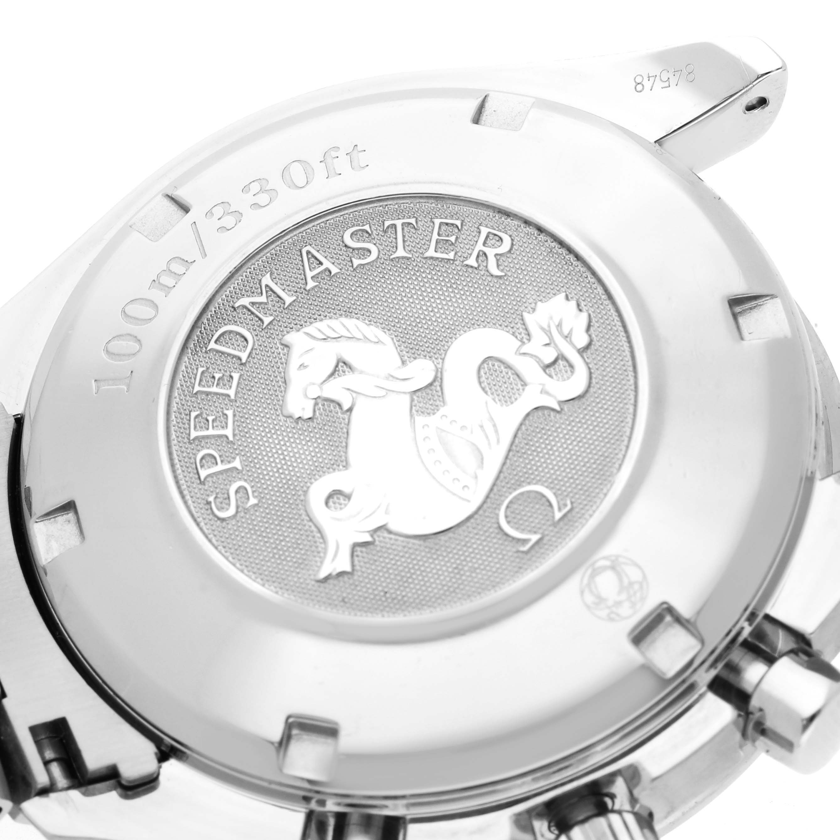 The image shows the case back of an Omega Speedmaster 3220.50.00 Men's Stainless Steel Black Dial 3220.50.00 Men's Stainless Steel Black Dial watch, featuring the engraved logo and water resistance details.